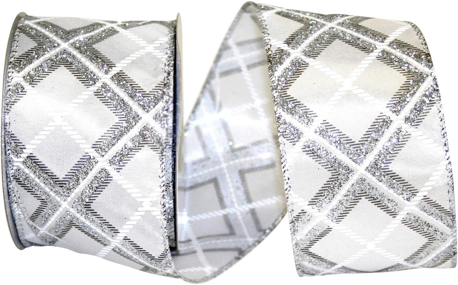 Reliant Ribbon 93000W-981-40F Glitter Diamond Lattice Deluxe Wired Edg Ribbon, 2-1/2 Inch X 10 Yards, White/silver