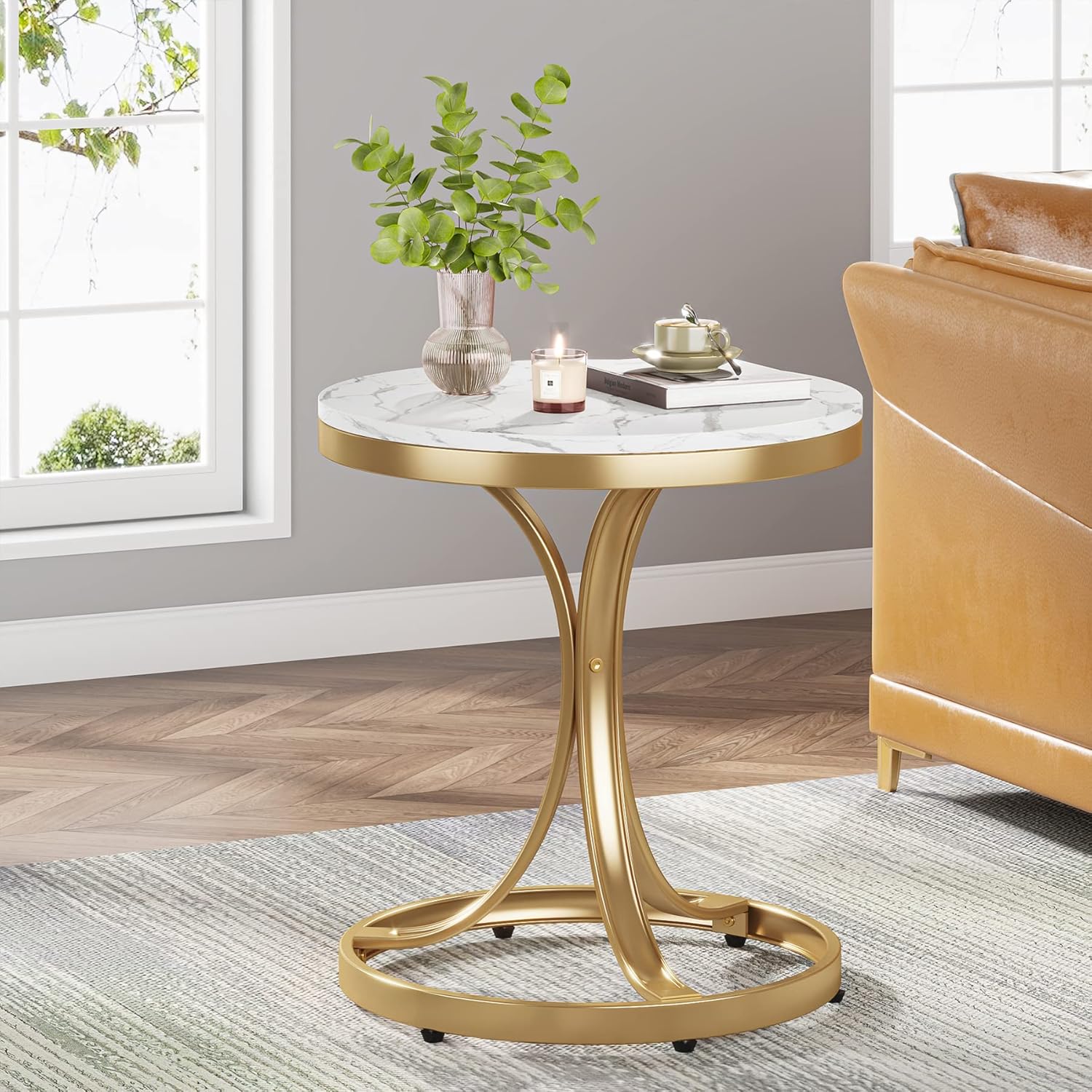 Tribesigns Round Metal End Table, Faux Marble Table Top