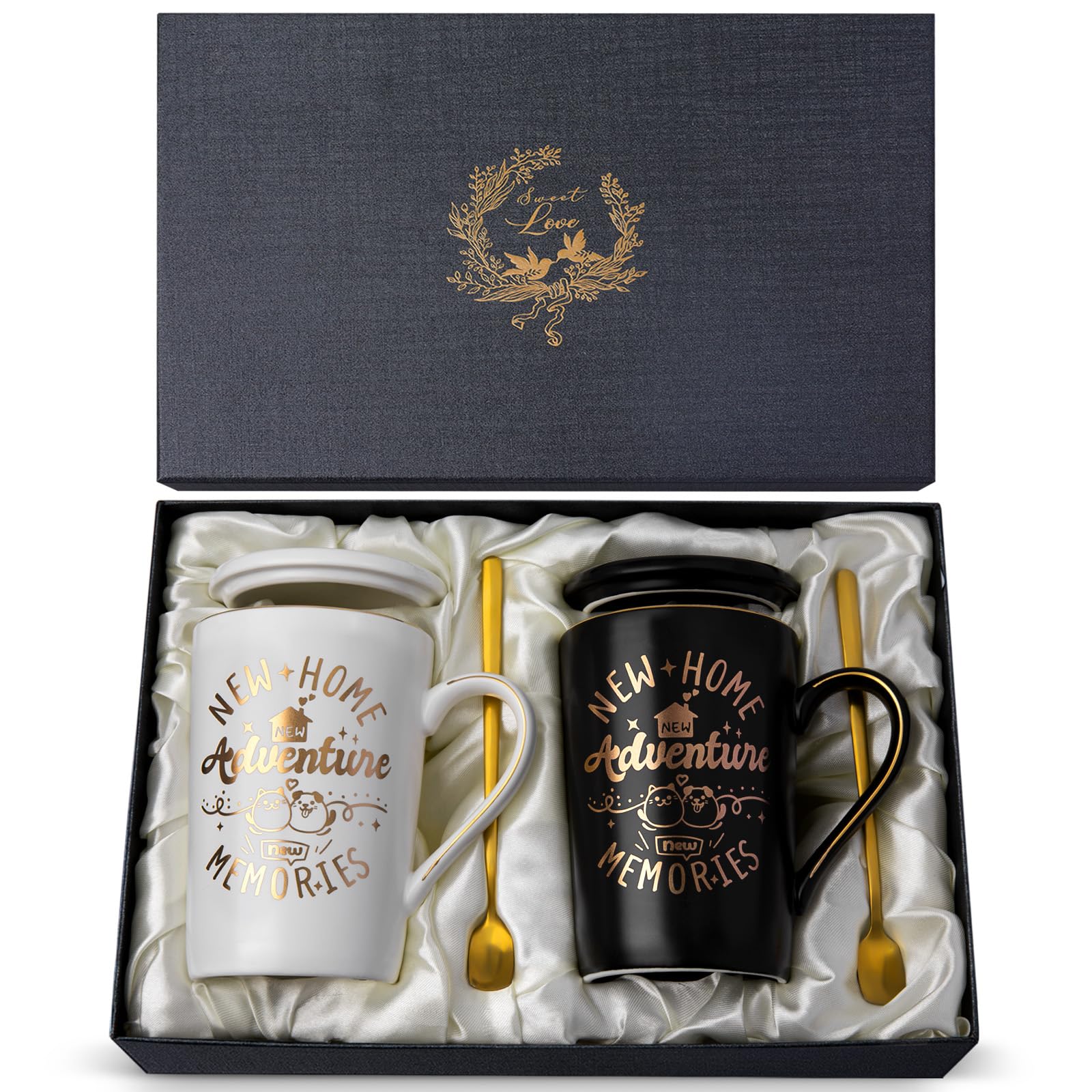 New Home Gifts House Warming Coffee Mugs Gift Set - 14oz Housewarming Present for Couple, Friend, Family, Neighbor, New Homeowners, Unique Black and White Cups with Lid, Greeting Card, Elegantly Boxed โ image 1