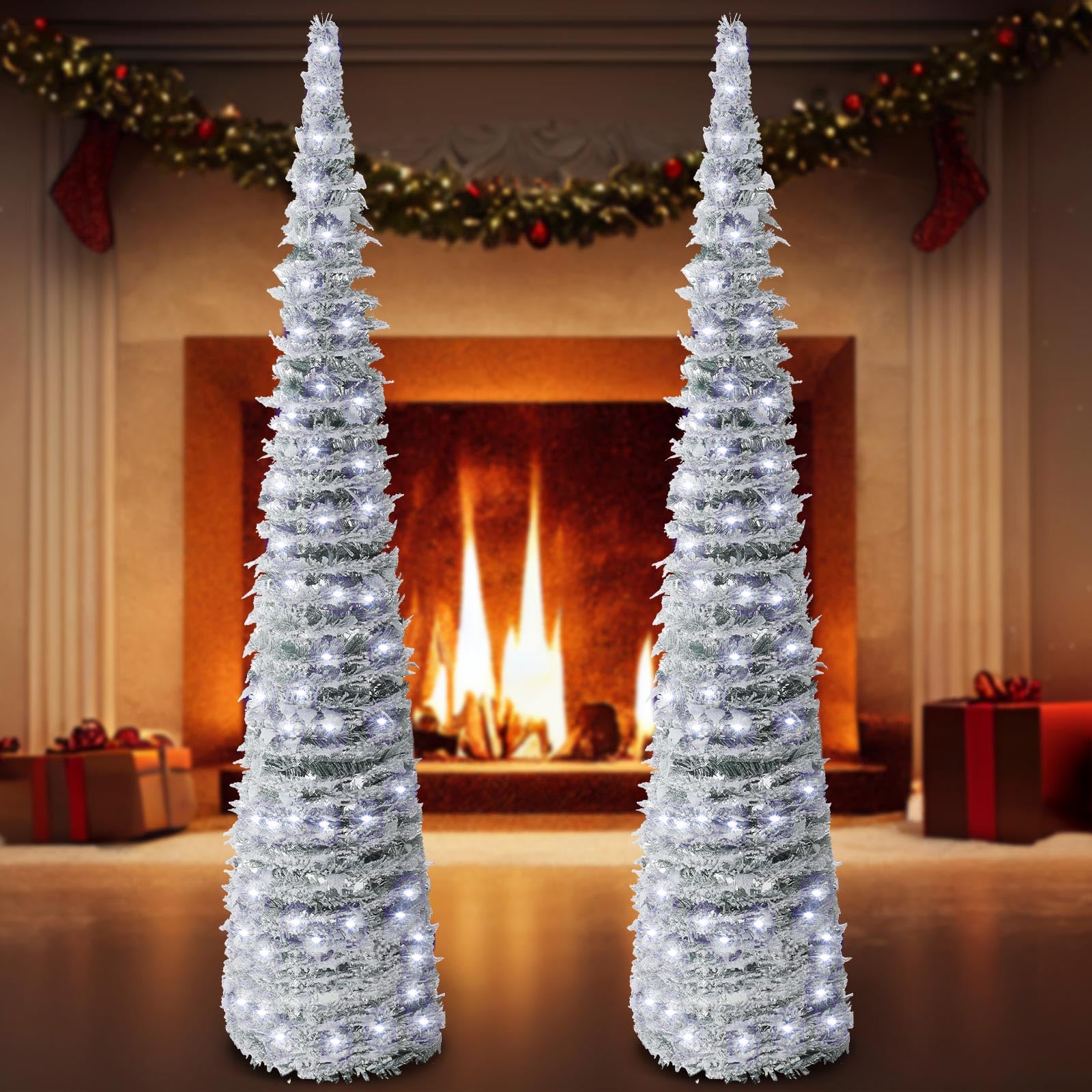 Sosation 2 Pcs 5 ft Pop up Christmas Tree Light White Snowy Tinsel Skinny Pencil Tree with String Led Artificial Sequin Slim Collapsible Coastal Tree for Holiday Xmas Fireplace Indoor Outdoor Decor