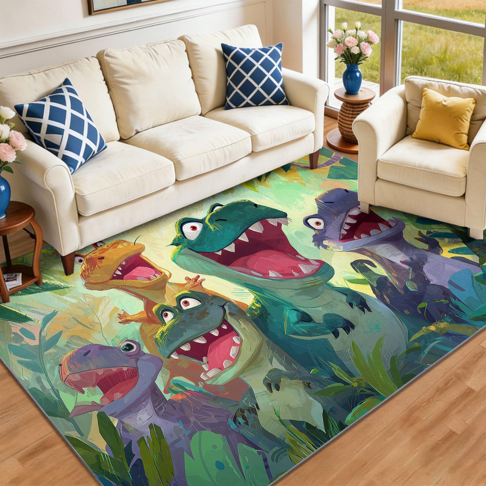 Cartoon Tyranozaur Rex Jungle do salonu 160 x 230 cm, zielony dywan z nadrukiem, można prać w pralce, antypoślizgowy z krótkim włosiem do sypialni i salonu, nowoczesny design