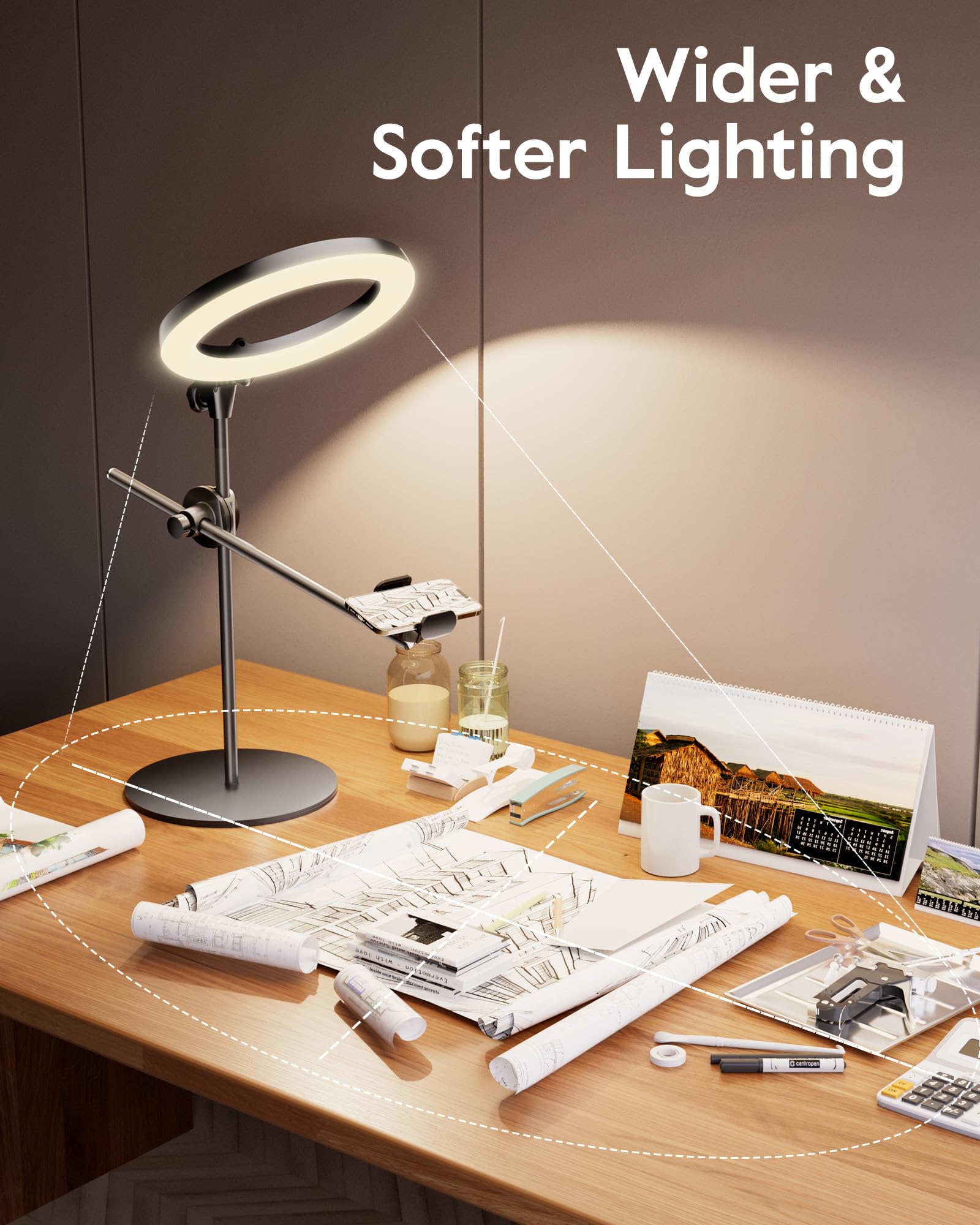 Selfie Ring Light with Stand & Phone Holder, 10 Overhead LED Ring Light for Laptop/iPhone, Lighting for Video Recording with Tripod Stand for Filming/Streaming/Makeup/Vlog/TikTok/Zoom Meeting/Video