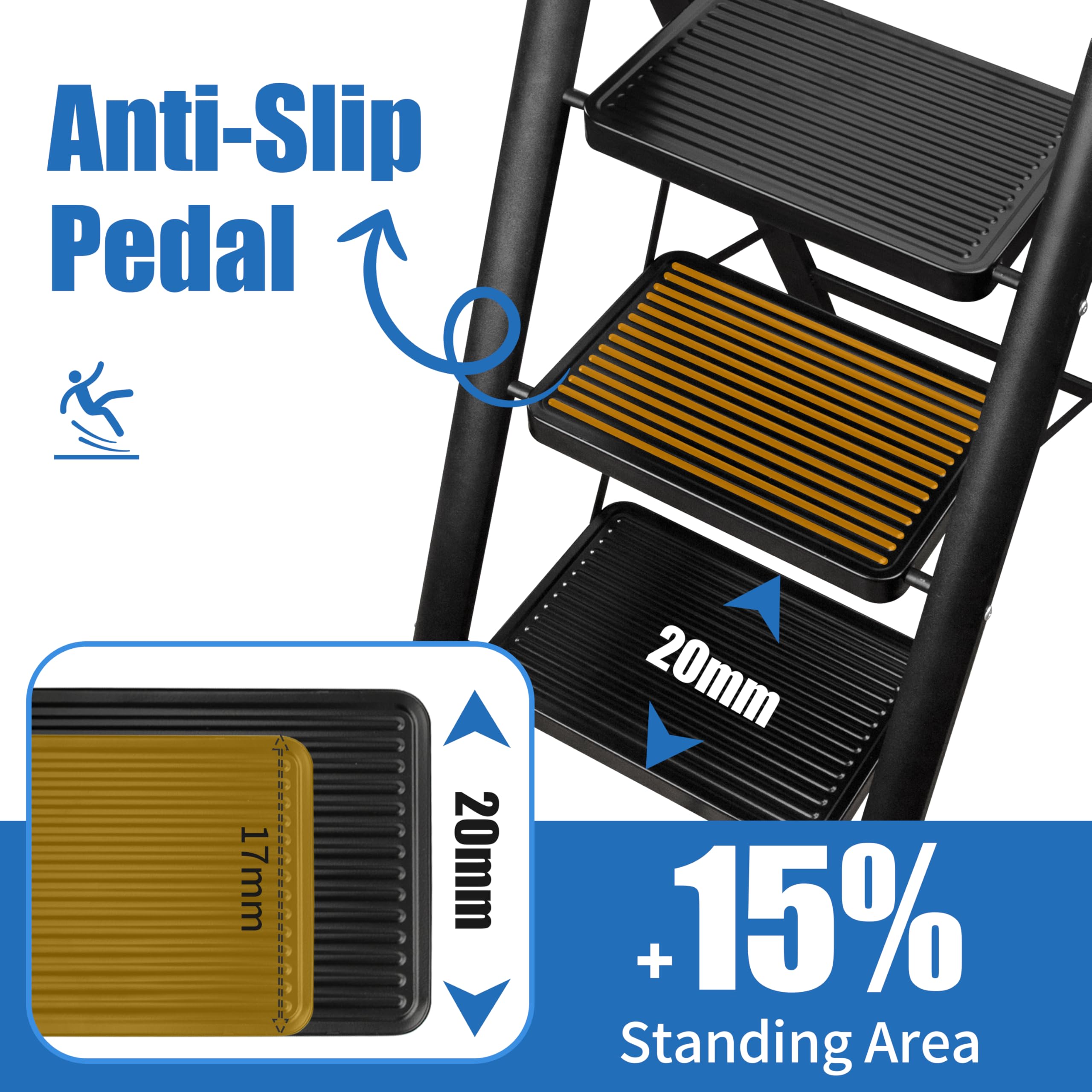 Escabeau Pliable 3 Marches, Tabouret de Marche Pied Acier au Carbone Pliant avec Pédale Antidérapante, Léger et Portable pour Bureau et Cuisine, Charge Maximale 150 kg (Noir)