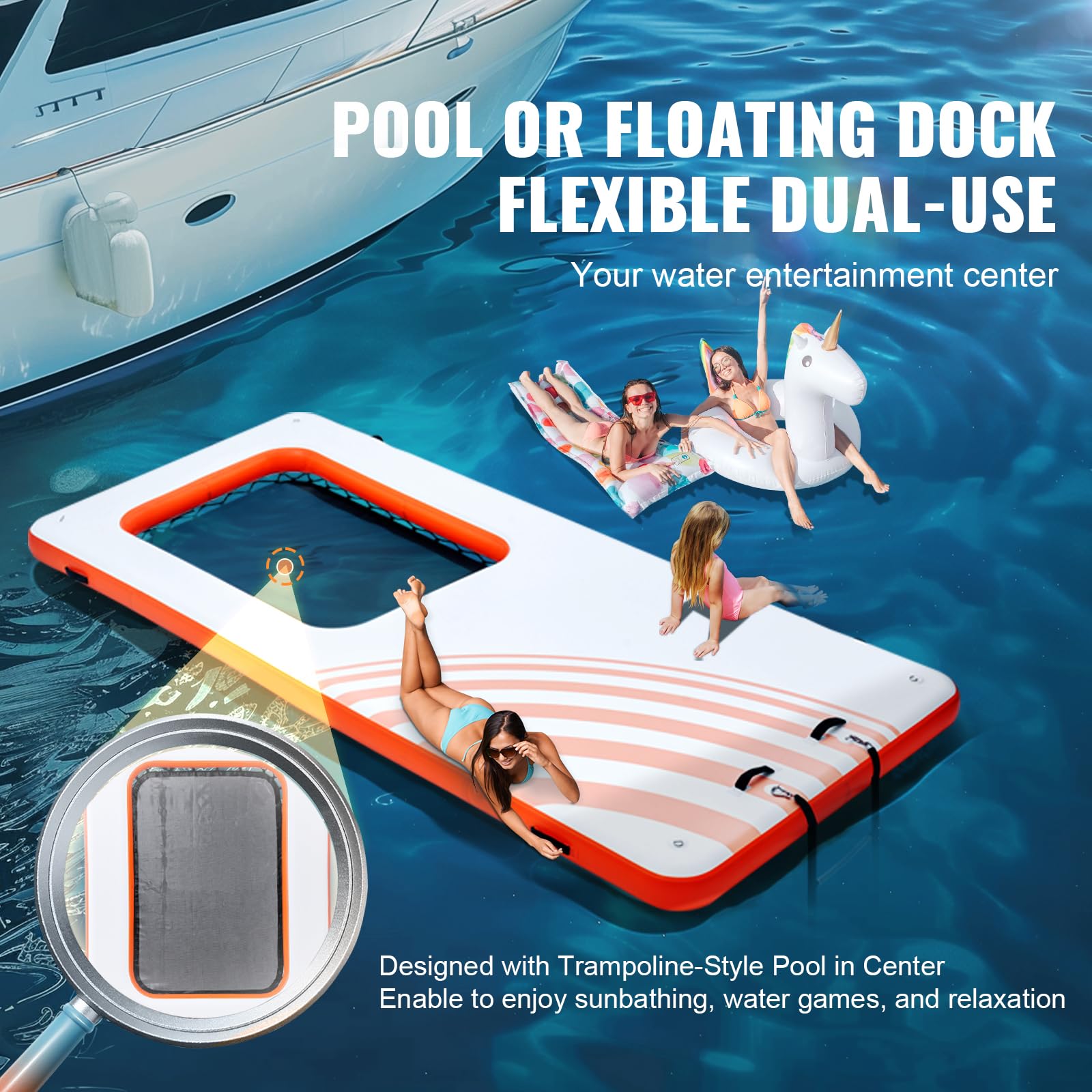 Happybuy 15x6.5FT Inflatable Floating Dock Platform with 4x6FT Mesh Pool, Non-Slip Water Mat, Portable Bag & Detachable Ladder for Pool and Beach Relaxing