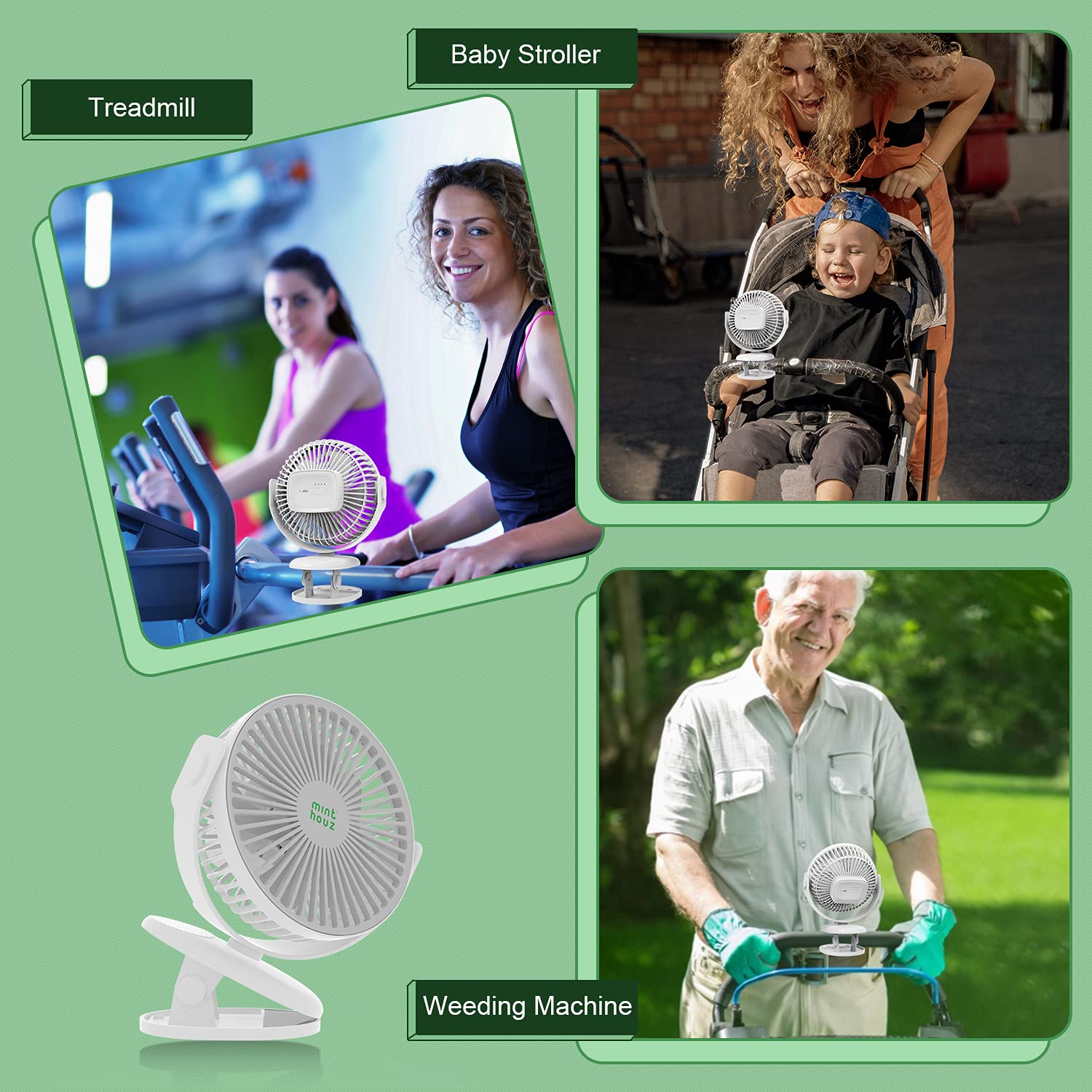 Minthouz Clip on Fan, 4000mAh Portable Fan Rechargeable Battery Operated Fan, Upgraded Quieter & Stronger Wind Personal Fan, 4 Speeds Desk Fan with Clamp,Mini Fan for Baby Stroller Bedroom Home Office