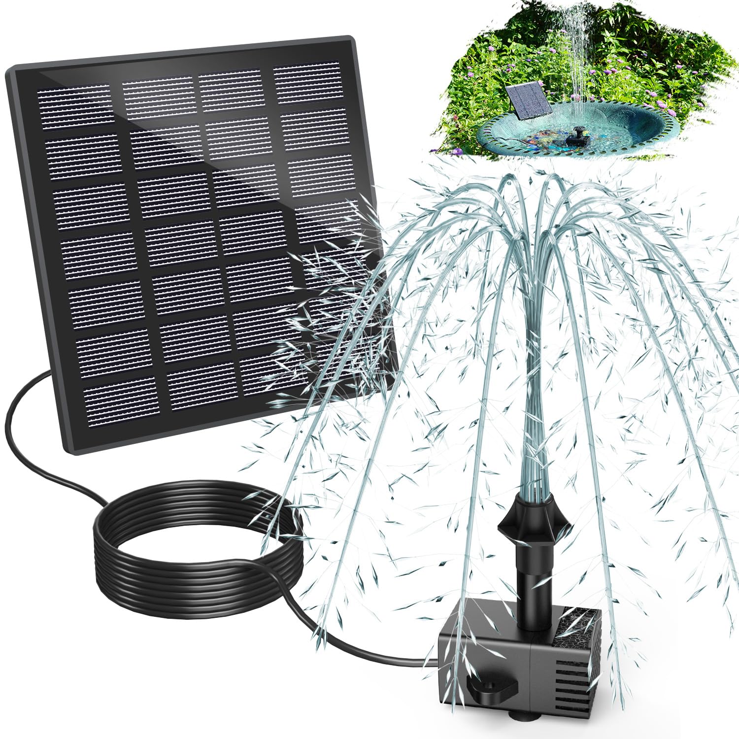 GAIZERL Solar Fountain Kits, 2024 Upgrade 1.8W Adjustable Glass Panel Solar Powered Fountains, Outdoor Bird Bath Water Pump with Stakes, 9.84ft Cables, 9 Nozzles for Garden, Humingbirds, DIY Fountains