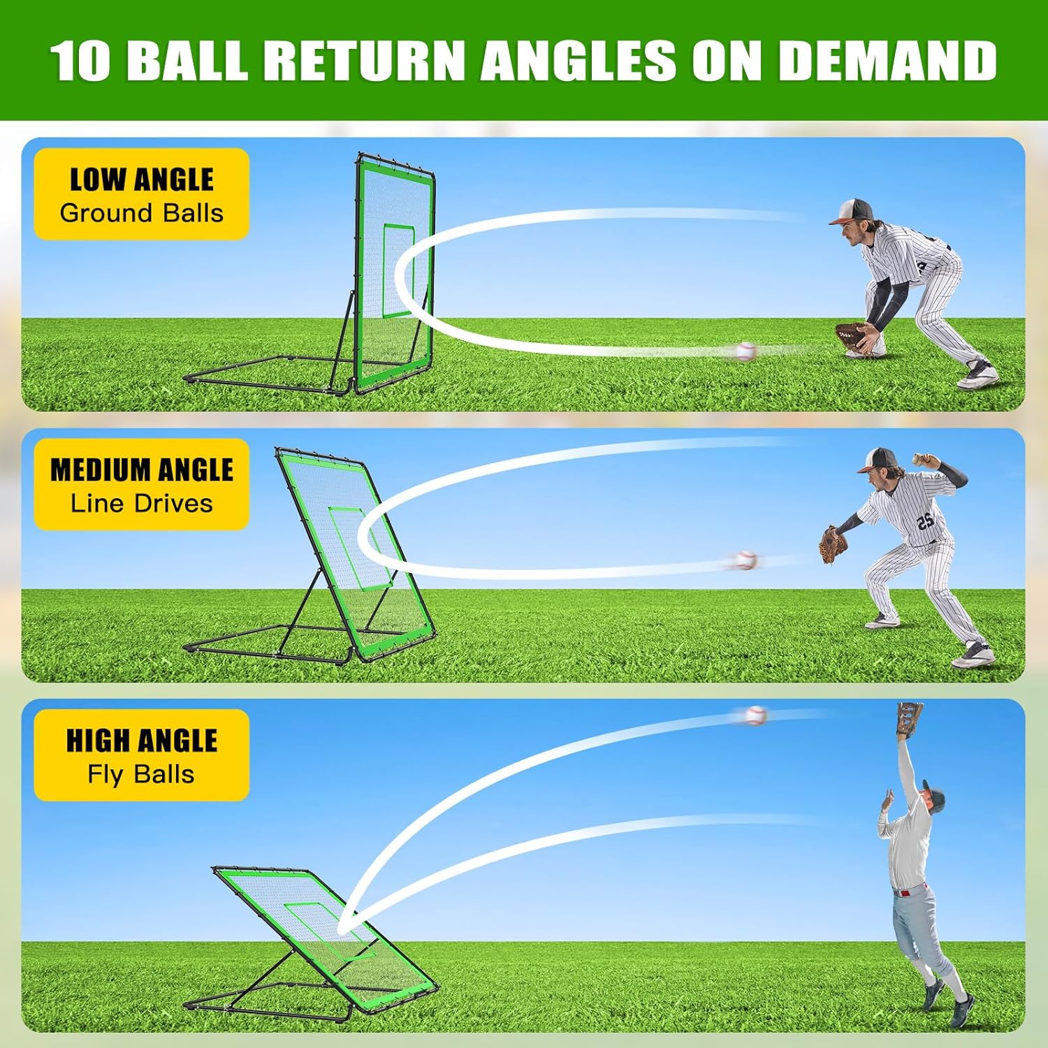 Baseball Rebounder Net 4.5x4 FT Pitch Back with 10 Adjustable Angles - Heavy Duty Bounce Back Net for Baseball & Softball Training, Practice Grounders, Line Drives, Fly Balls Solo