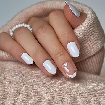 CurvLife Short Oval Press On Nails, Heart Kiss White, Soft Gel | 32PCS 16 Sizes, Salon-Quality Natural Fake Nails, Curved Fit, 7-14 Day Glue-On Wear, Reusable Stick-On Nails, Press-On Kit