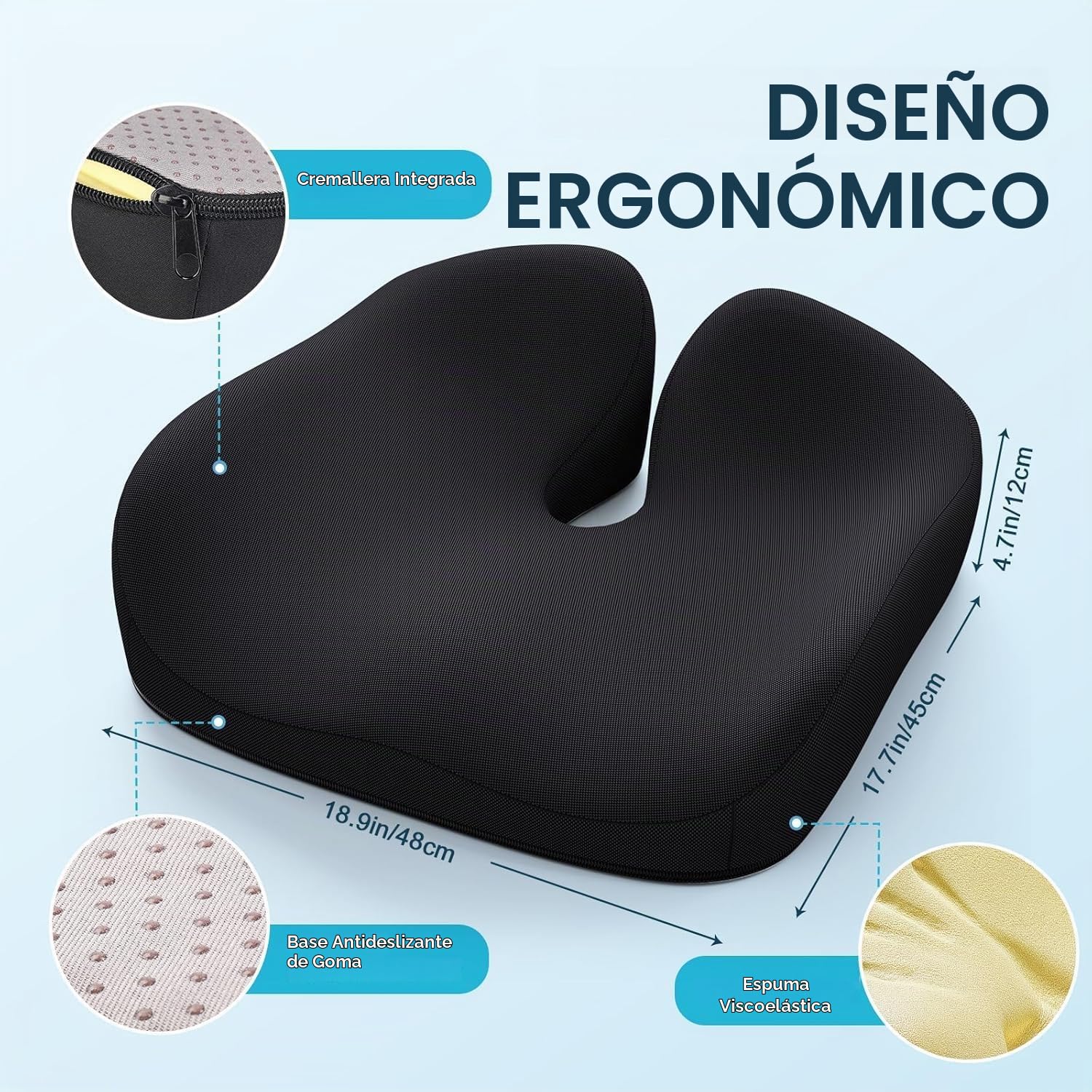 Benazcap Cojín de Asiento, cojín de Espuma viscoelástica para Silla de Oficina, Cojines ergonómicos para aliviar el Dolor de coxis, ciática y Soporte de Espalda, cojín de Silla de Oficina y cojín de