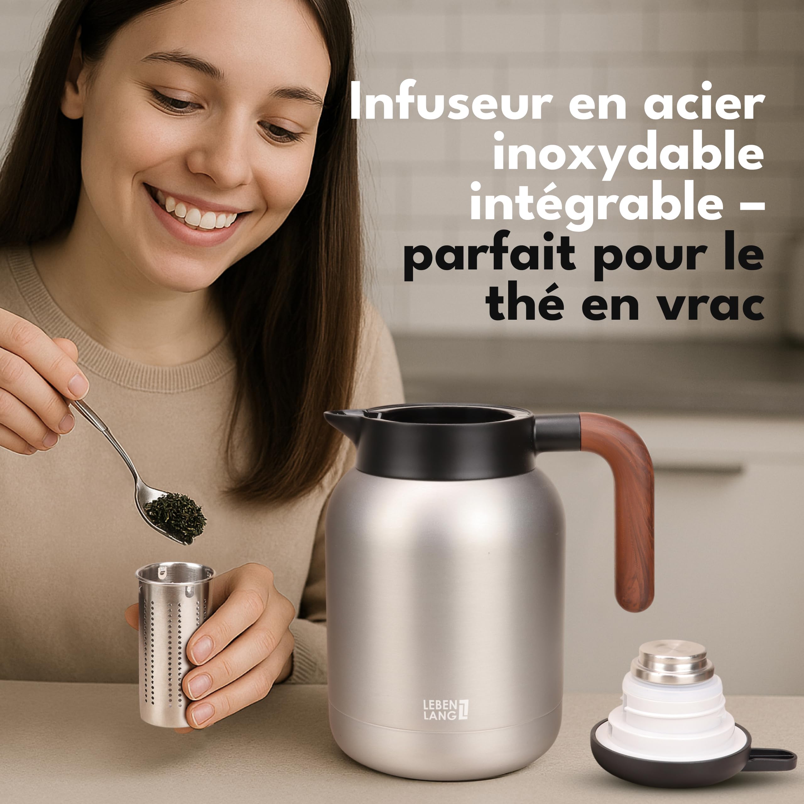 LEBENLANG Thermos café 1,5L Gris - Revêtement céramique & sans BPA I 24h au chaud & Incl. passoire à thé I Bouteille isotherme Pichet cafe inox Termos carafe isotherme Bouilloire