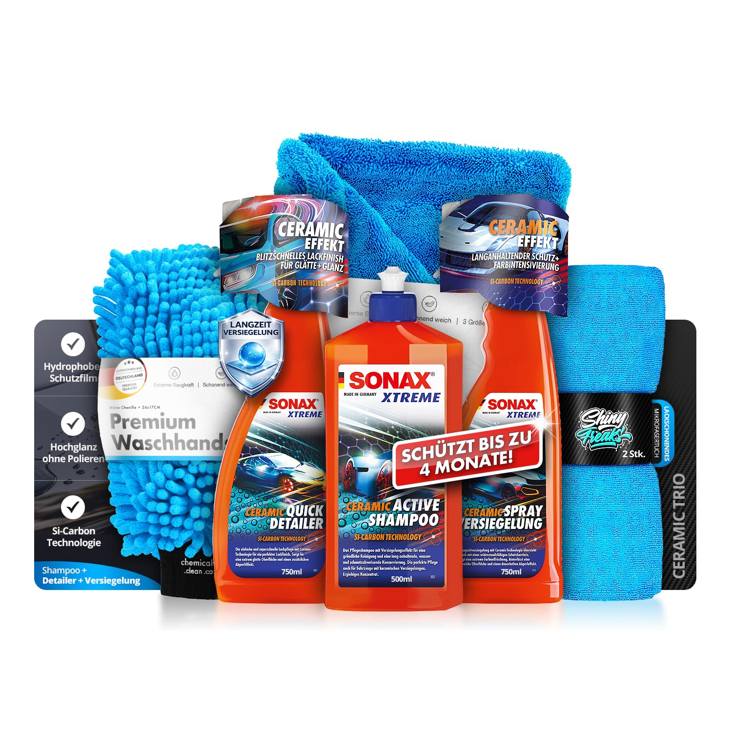 Versiegelungs Set: SONAX XTREME Ceramic SprayVersiegelung 750ml + Ceramic QuickDetailer 750ml + Ceramic ActiveShampoo 500ml – Versiegelung, Pflege & Finish im Set inkl. Zubehör