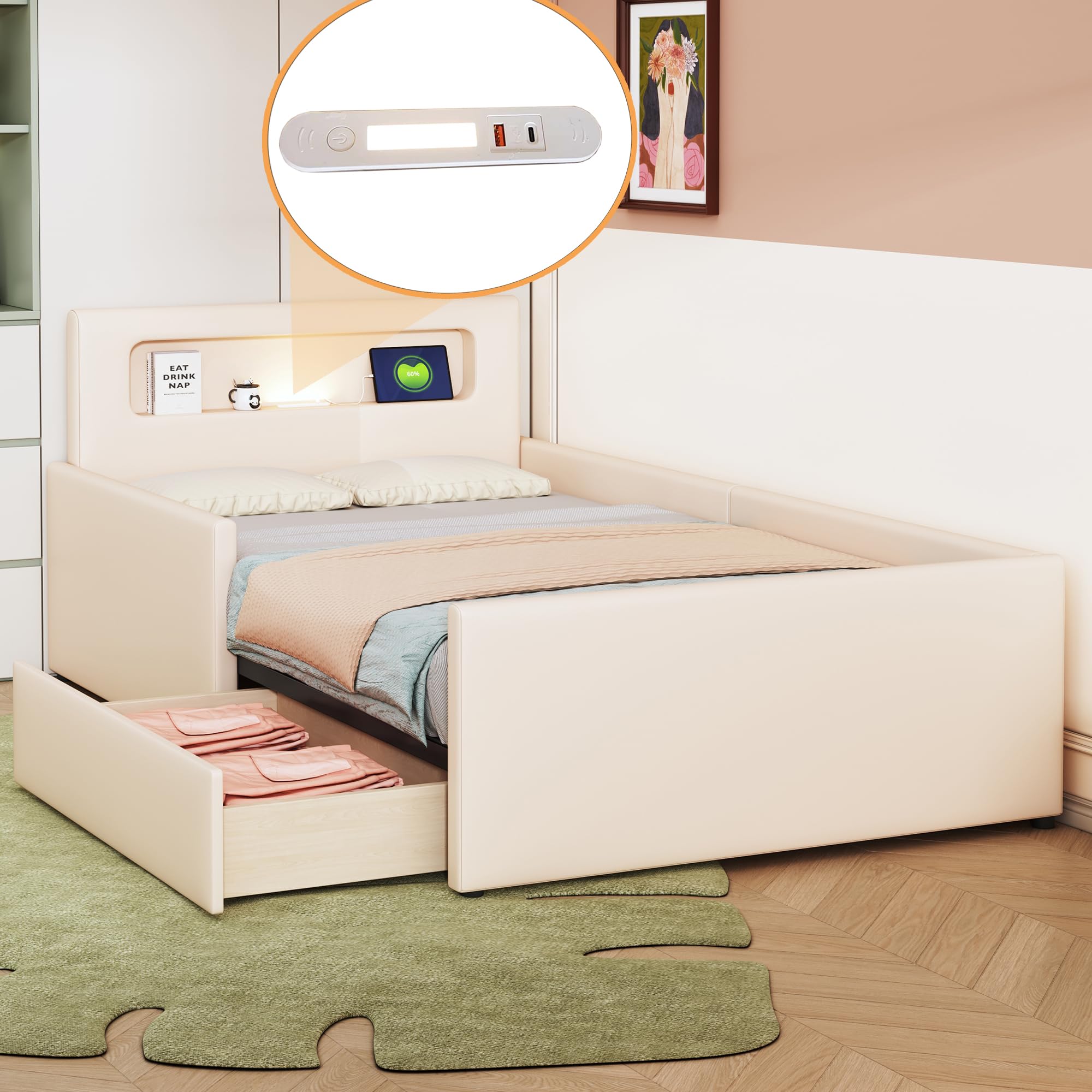 Huayz Jugendbett 90x200 Cm Mit LED Licht & Stauraum - Polsterbett Samtstoff