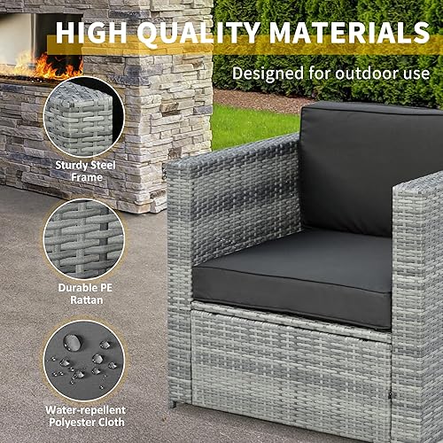 Miniatura 5 de Outsunny Juego de 3 piezas de mimbre para exteriores, muebles de ratán con mesa de centro de cristal, sillas de porche y cojines gruesos para patio