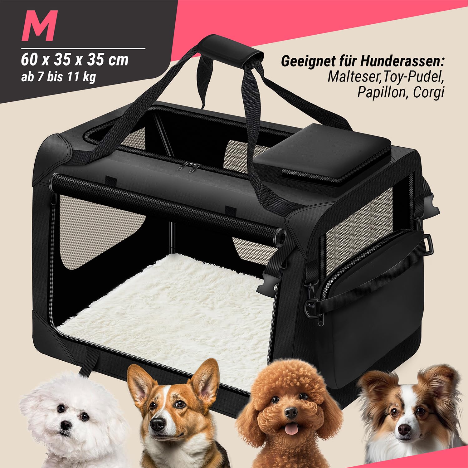 Hunde-Transportbox Tier Hundebox Transporttasche faltbar Hundetasche Haustier-Transport Atmungsaktiv & Wasserabweisend für Hunde & Katzen (M - 62x42x42 cm)