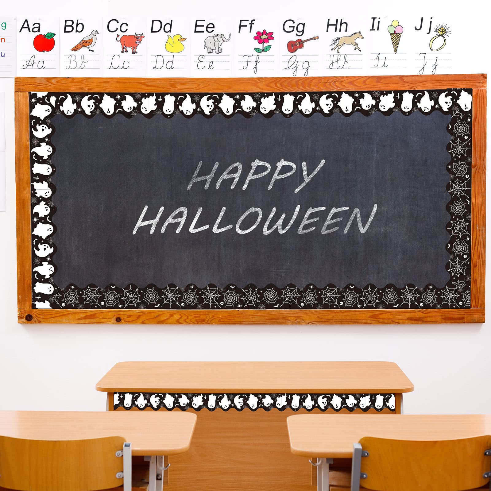 Whaline Halloween Bulletin Board Borders - 60 Ghost & Spider Web Decorations