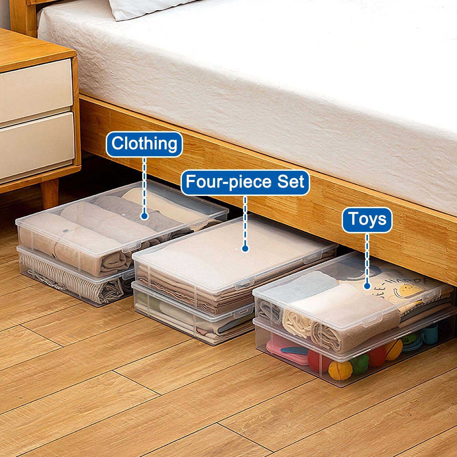 2 Pack Unterbett Aufbewahrung, Unterbettkommoden, Große Öffnung, Waschbar, Transparent, für Kleidung, Decken und Spielzeug(Small)