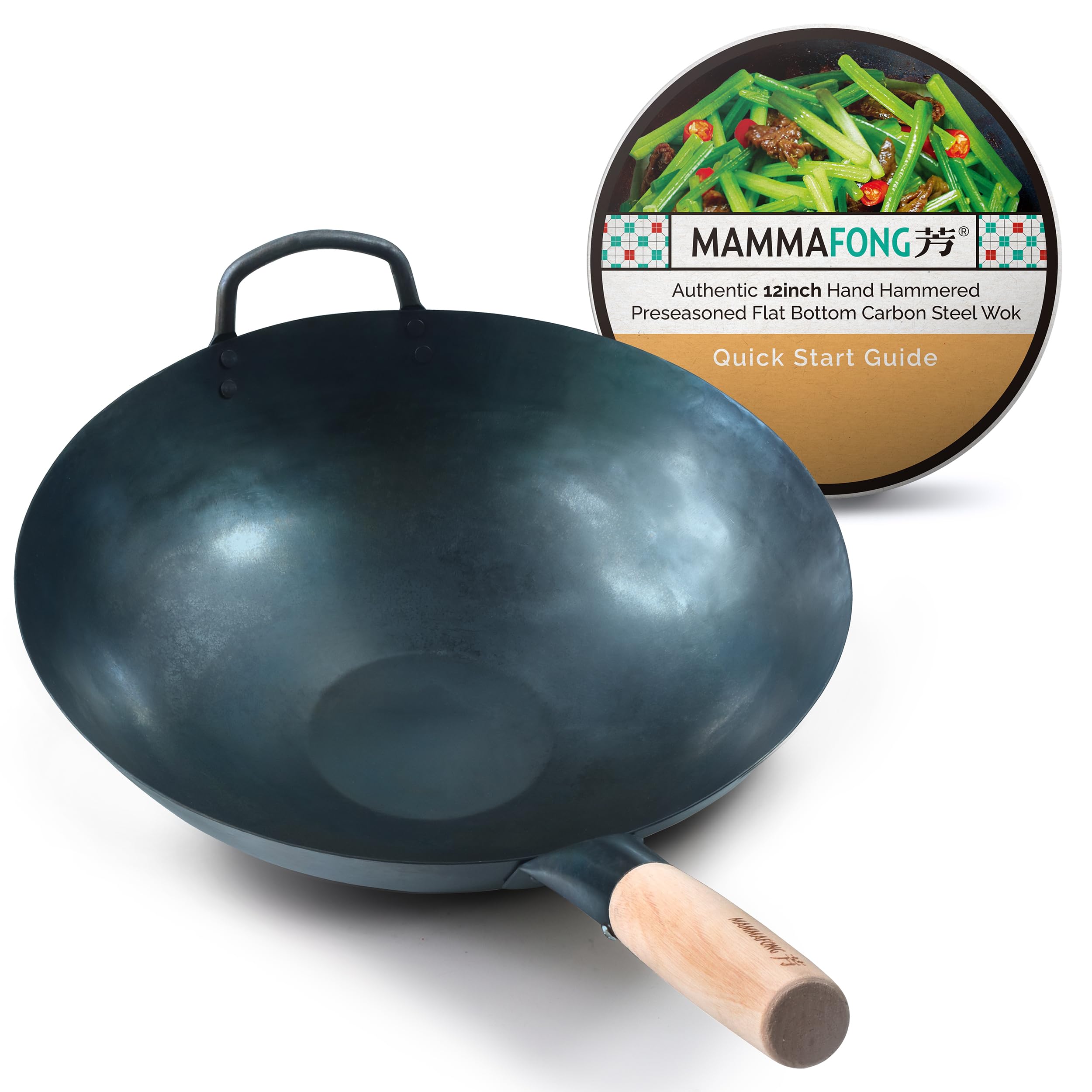 Mammafong Preseasoned Flat Bottom Carbon Steel Wok (12 inch Preseasoned Flat Bottom Pow Wok)