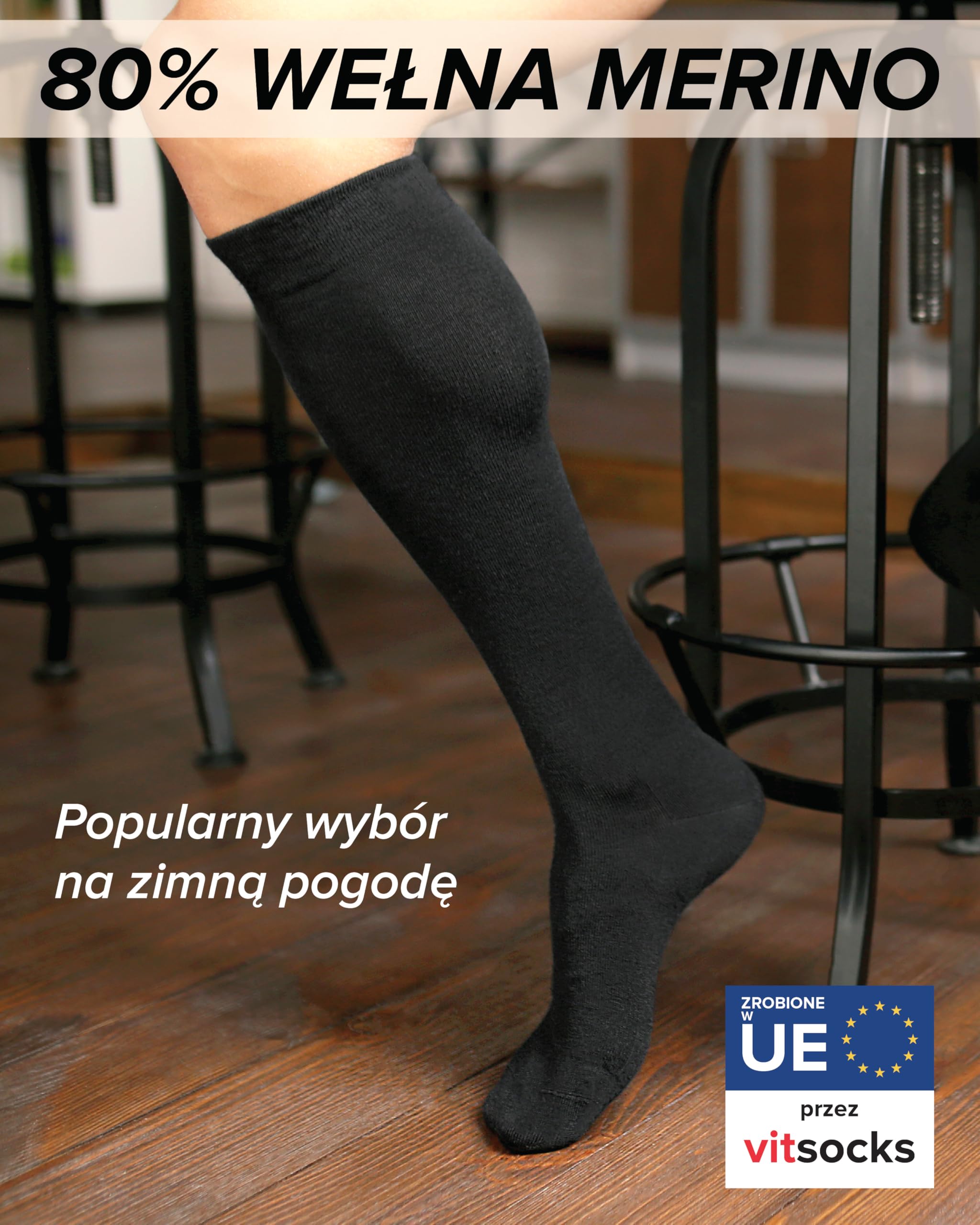VITSOCKS Podkolanówki z WEŁNY MERINO 80% Męskie Ciepłe na Zimę Wysokie Skarpetki do Kolan