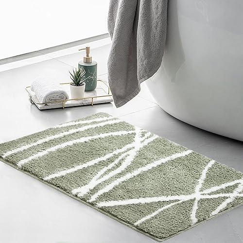 Miniatura 3 de Tititex Alfombra de baño de lujo verde salvia con línea curva blanca, 20 x 32 pulgadas, alfombra de baño de microfibra extra suave y absorbente,
