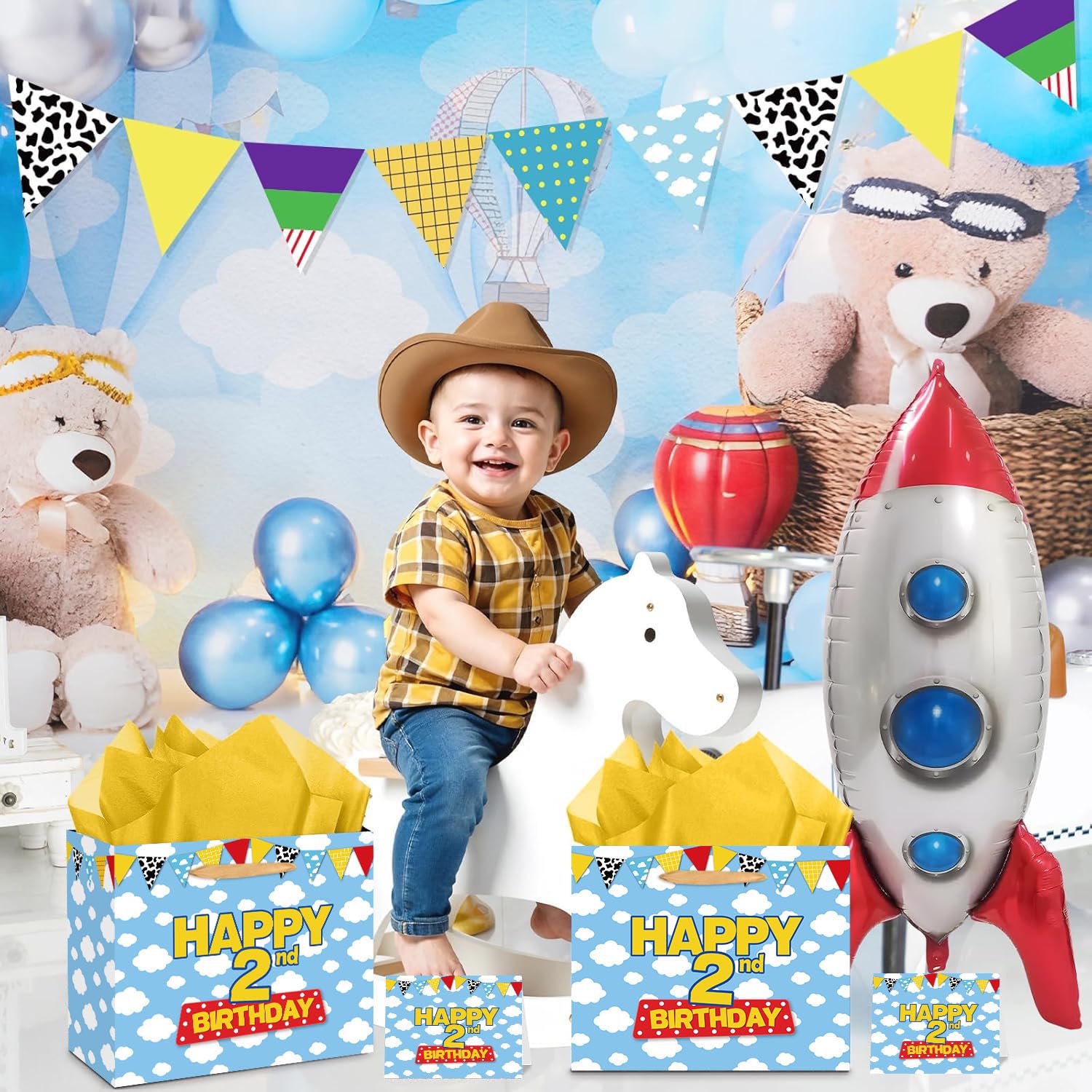 Cartoon Story 2nd Birthday Gift Bag with Tissue Paper and Greeting Card, Two Years Old Party Favor Bags Blue Sky White Clouds Cow Story 2nd Birthday Wrapping Paper Goodie Treat Bag for Kid Party Decor