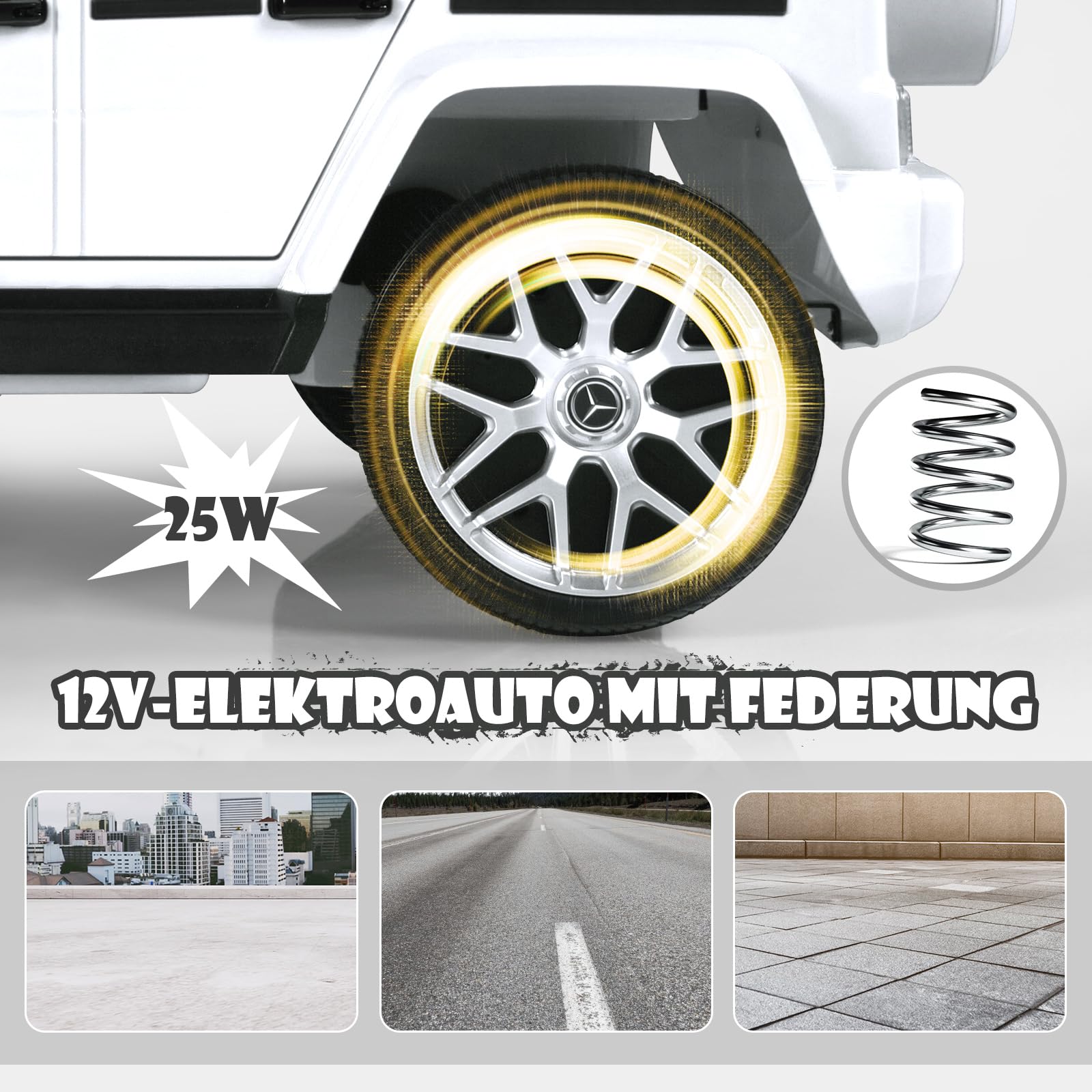 DREAMADE 12V Mercedes-Benz Elektroauto mit Fernbedienung & Sicherheitsgurt für Kinder ab 3 Jahren - LED-Lichter, Musik, USB, Hupe (Weiß)