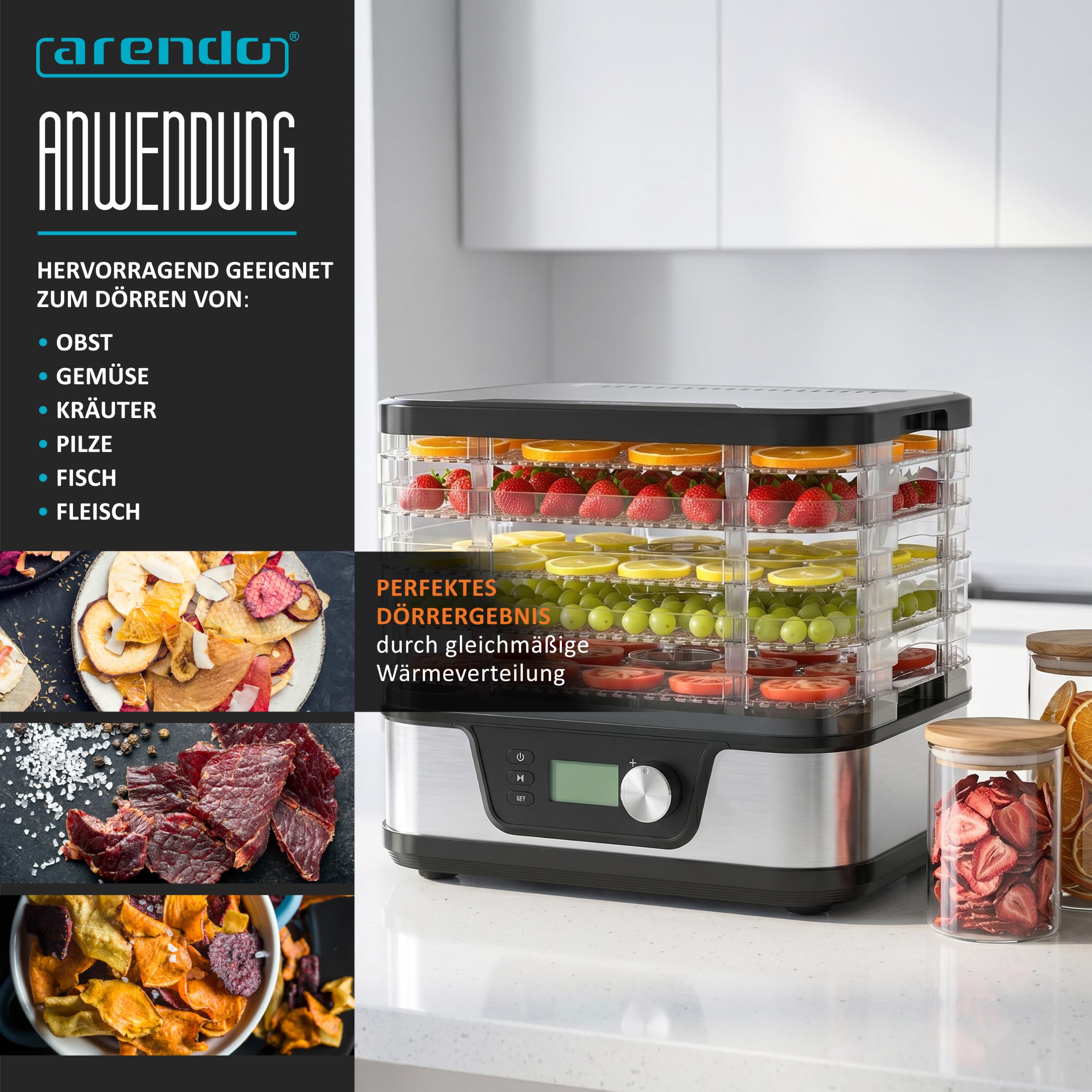 Arendo - Dörrautomat Edelstahl mit Temperaturregler - Edelstahl Dörrgerät für Lebensmittel Fleisch Früchte Gemüse - mit Timer bis zu 24 h - 35-75 Grad - 5 Einlegefächer - GS - Dehydrator - BPA frei