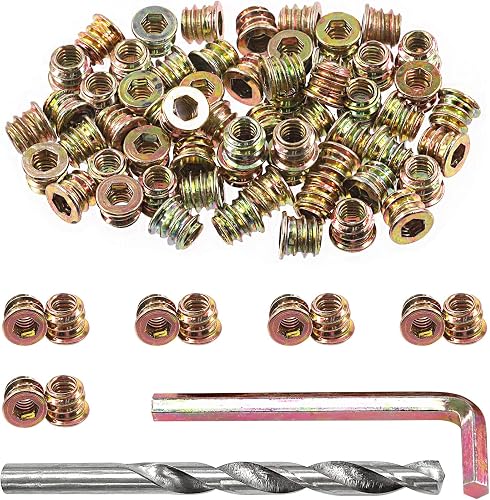 Swpeet 60Pcs 1/4"-20 x 10mm Carbon Steel Color Zinc Plated Wood Inserts and 11mm Twist Drill with 1Pcs Wrench Assortment Kit, Bolt Furniture Screw in Nut Threaded Hex Socket Drive