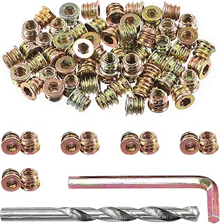 Swpeet 60Pcs 1/4"-20 x 10mm Carbon Steel Color Zinc Plated Wood Inserts and 11mm Twist Drill with 1Pcs Wrench Assortment Kit, Bolt Furniture Screw in Nut Threaded Hex Socket Drive