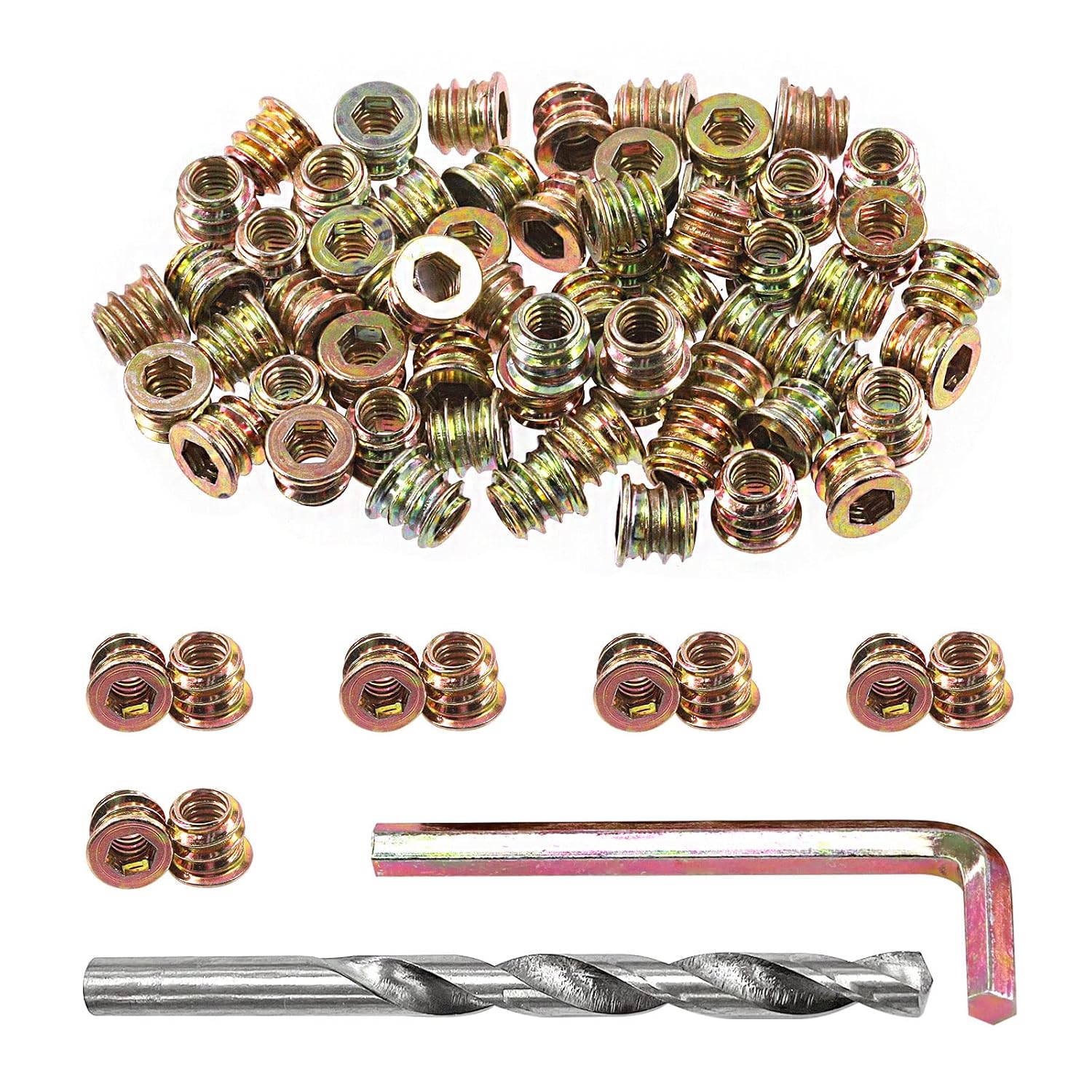 Swpeet 60Pcs 1/4" - 20 x 15mm Carbon Steel Color Zinc Plated Wood Inserts and 11mm Twist Drill with 1Pcs Wrench Assortment Kit, Bolt Furniture Screw in Nut Threaded Fastener Connector Hex Socket Drive