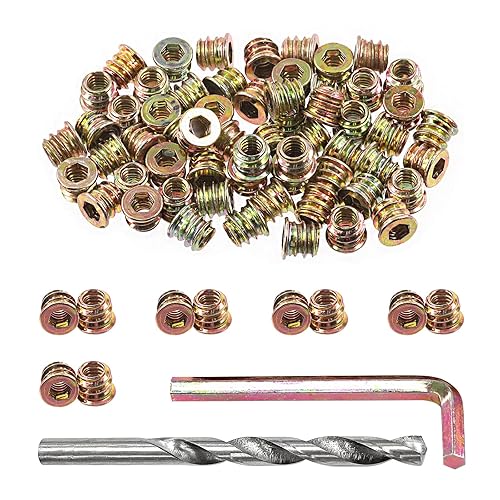 Swpeet 60 piezas de insertos de madera chapados en zinc de 1/4"-0.787 x 0.394 in de color acero al carbono y taladro giratorio de 0.433 in con 1 kit