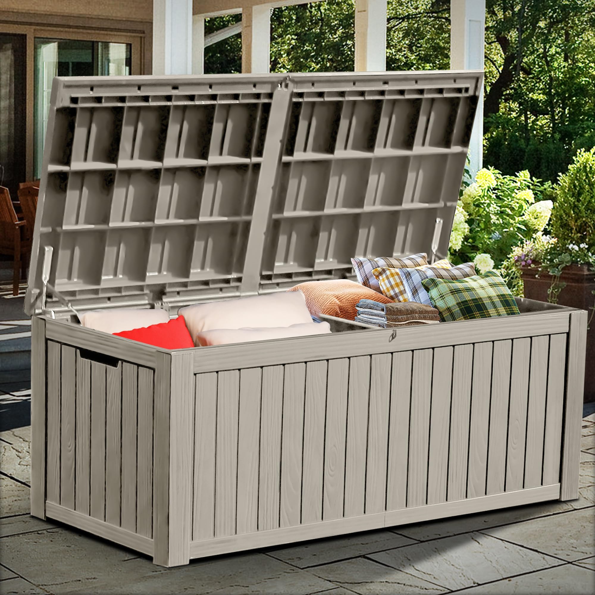150 Gallon Large Deck Box w/Divider, XL Waterproof Outdoor Storage for Patio Furniture,Outdoor Cushions, Garden Tools, Sports Equipment and Pool Supplies, Resin, Lockable, Taupe