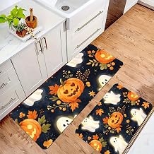 Halloween Pumpkin Kitchen Mats Set of 2, Anti-Fatigue Cushioned Kitchen Rugs for Floor, Waterproof Non-Skid Gloom Pumpkin Runner Rug for Kitchen, Laundry, Home