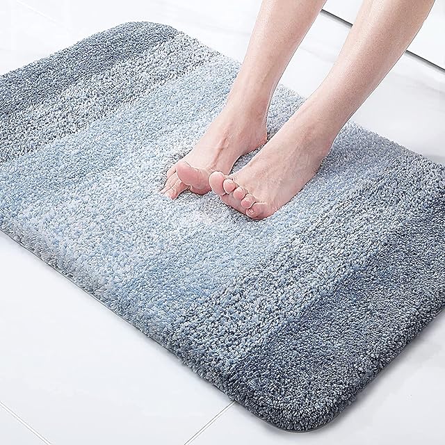 smiry Microfiber Bath Mat, 40 x 60 cm, Non-Slip Super Absorbent Bathroom Mat, Machine Washable Fluffy Shaggy Bath Mats Rugs for Bathroom, Extra Soft Thick Bathroom Floor Foot Mat, Blue