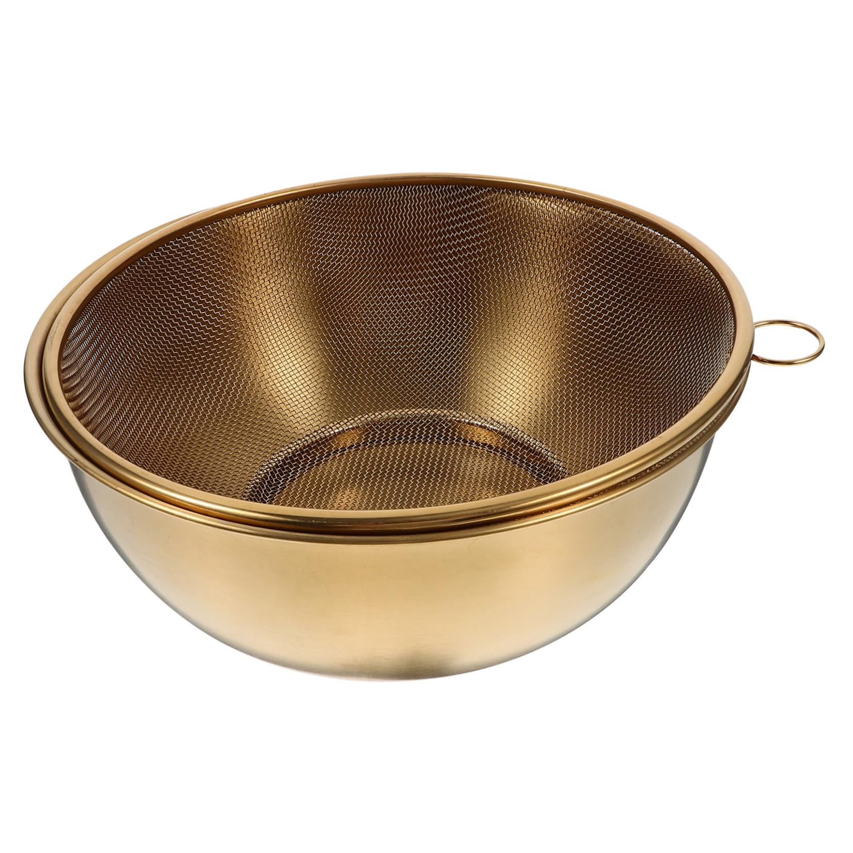 Colador de Acero Inoxidable Dorado 22cm, Juego de 2 Piezas | Cuenco para Escurrir, Malla para Arroz y Fruta, Uso Diario y Camping, Almacenamiento Práctico