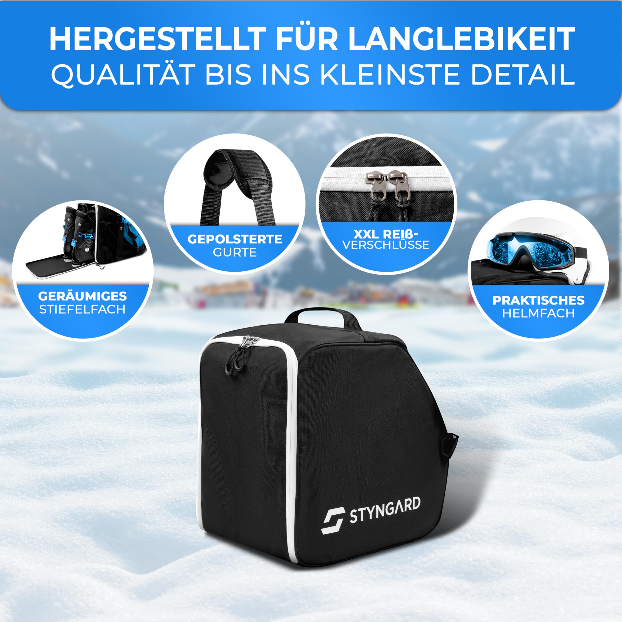 STYNGARD Skischuhtasche mit Helmfach und Stiefelfach [40 L] - Ski Stiefeltasche mit Umhängefunktion und Stauraum für Skizubehör - Tasche für Skischuhe Modell Zermatt