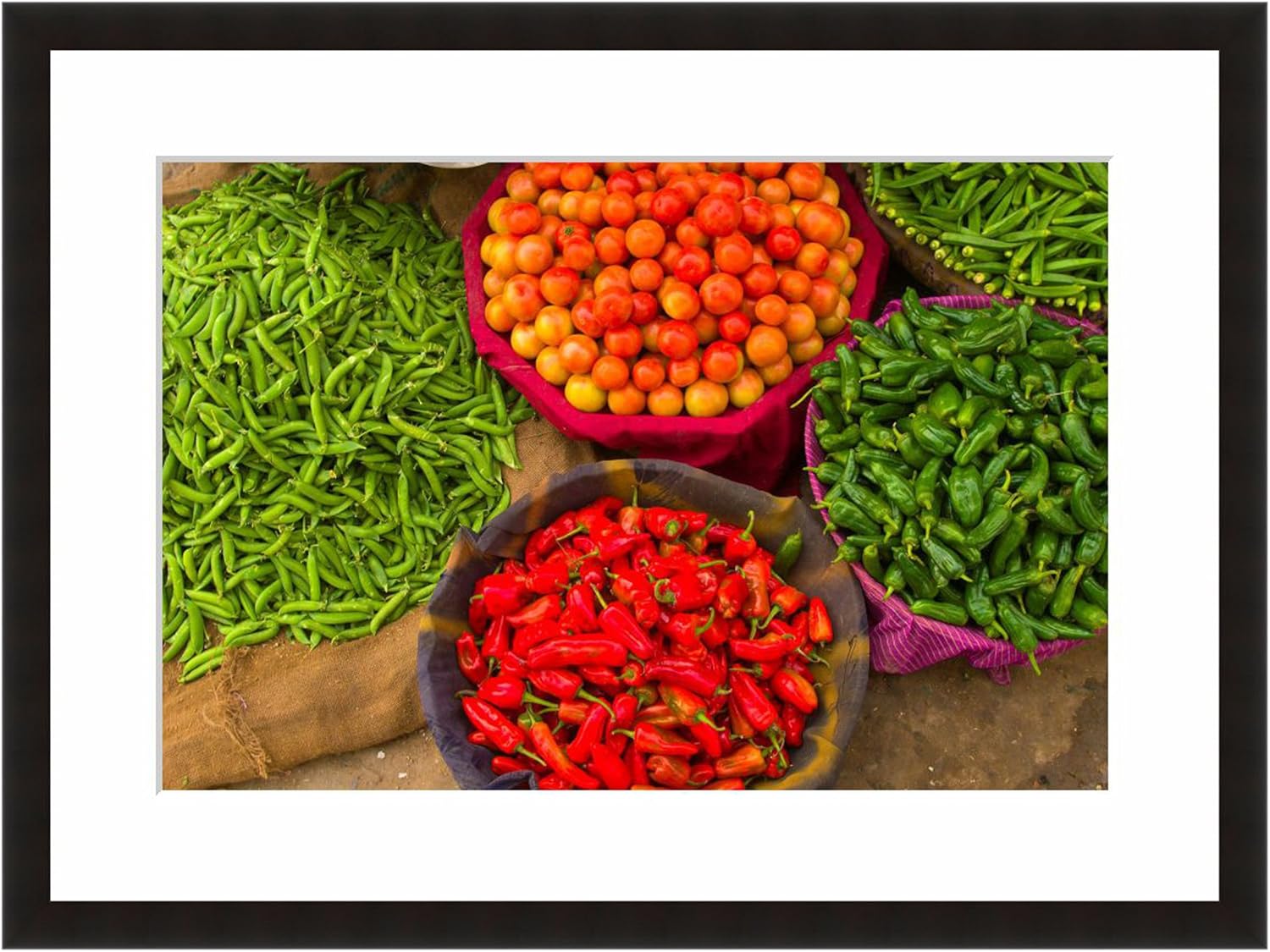 EFrame Fine Art | Vegetables at Street Market Jaipur, India Food Kitchen Art by Blaine Harrington 8" x 12" Photograph Print Framed Wall Art for Wall or Home Decor (Black Frame)