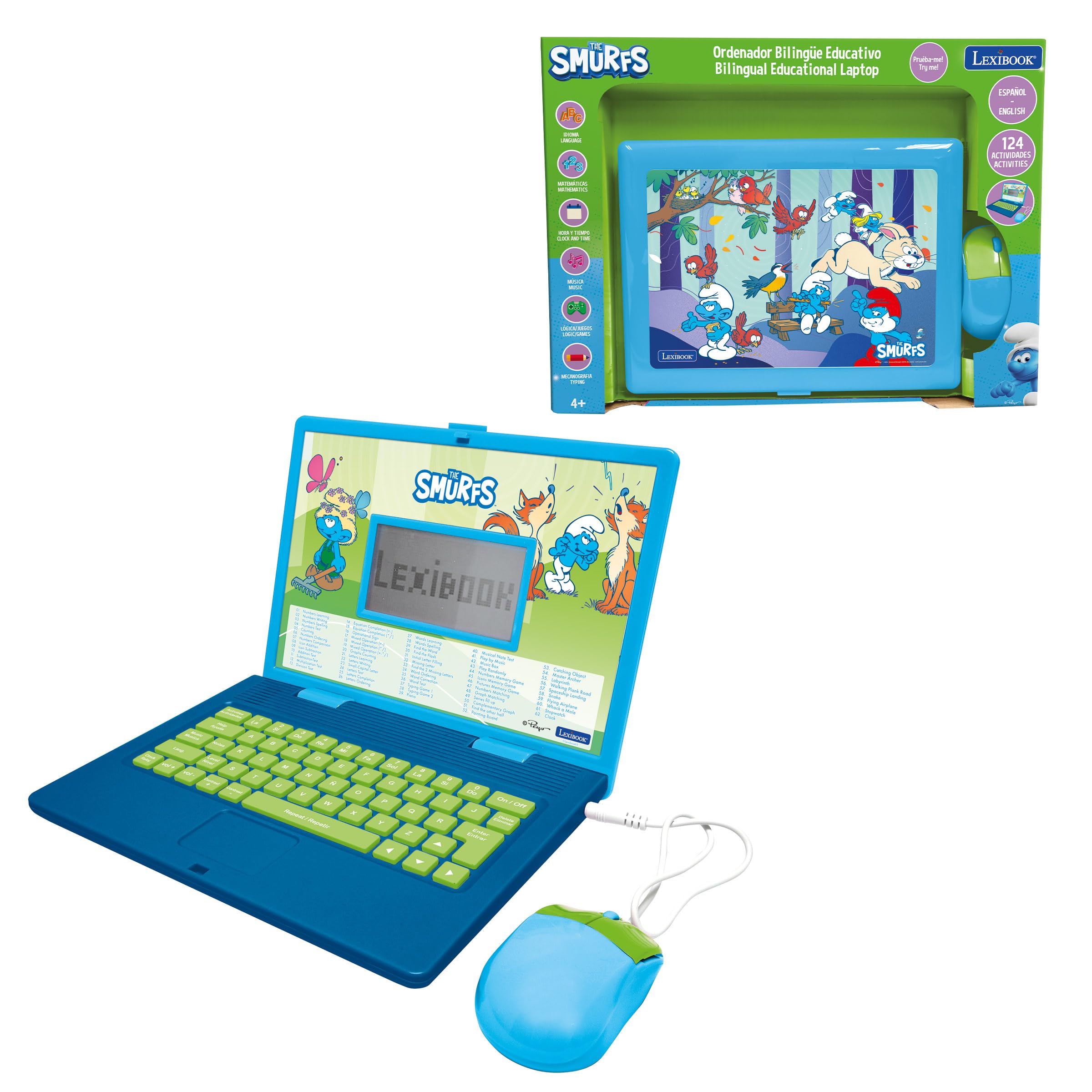 Lexibook, The Smurfs, Bilingual Spanish/English Educational Computer, Toy for Children with 124 Language, Writing, Maths, Logic, Music Activities and Games, Blue, JC598SFi2