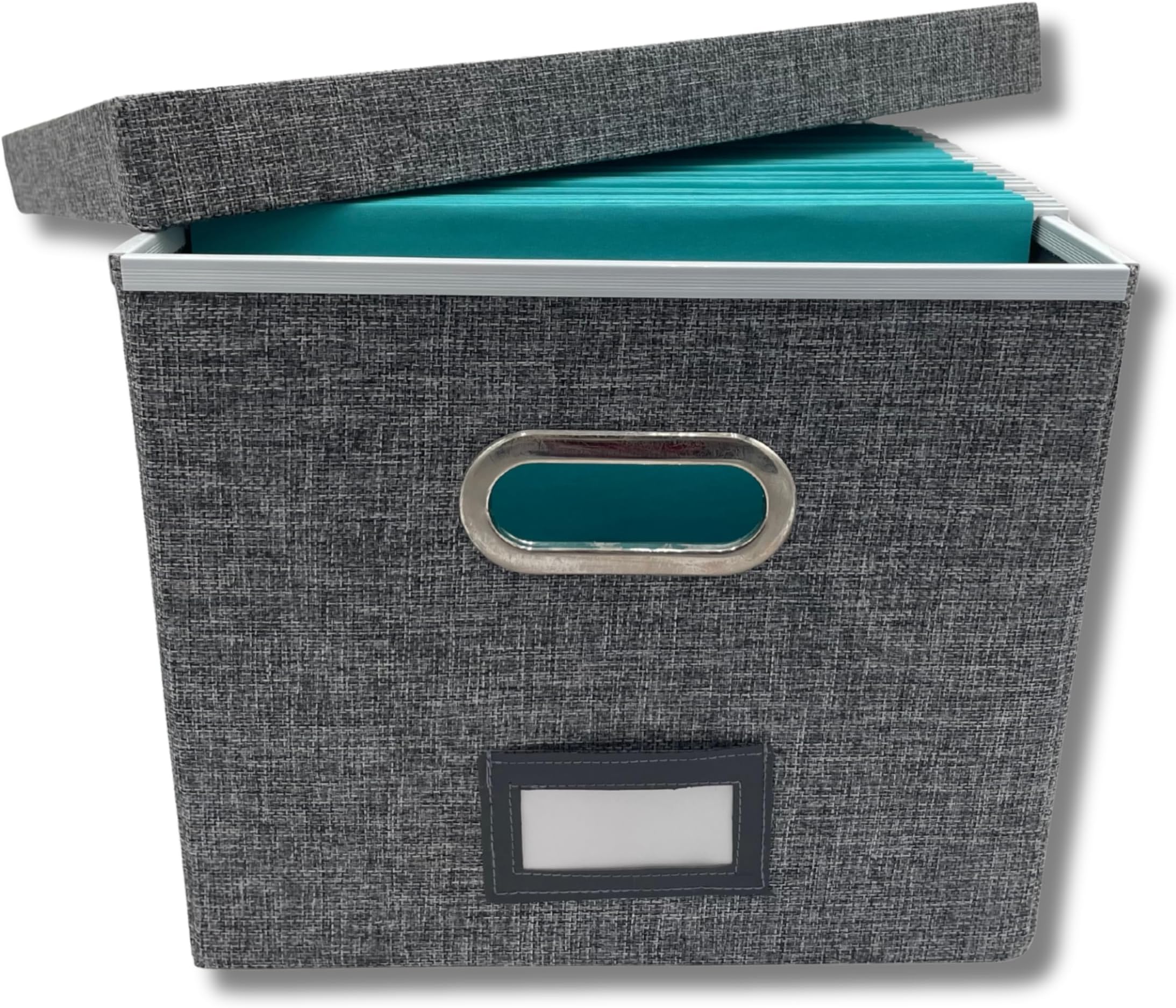 File Box Folder Organizer with lid - Decorative Linen Hanging File Box with Handles - Letter/Legal Office File Storage Box - Document Storage (Without Folders)