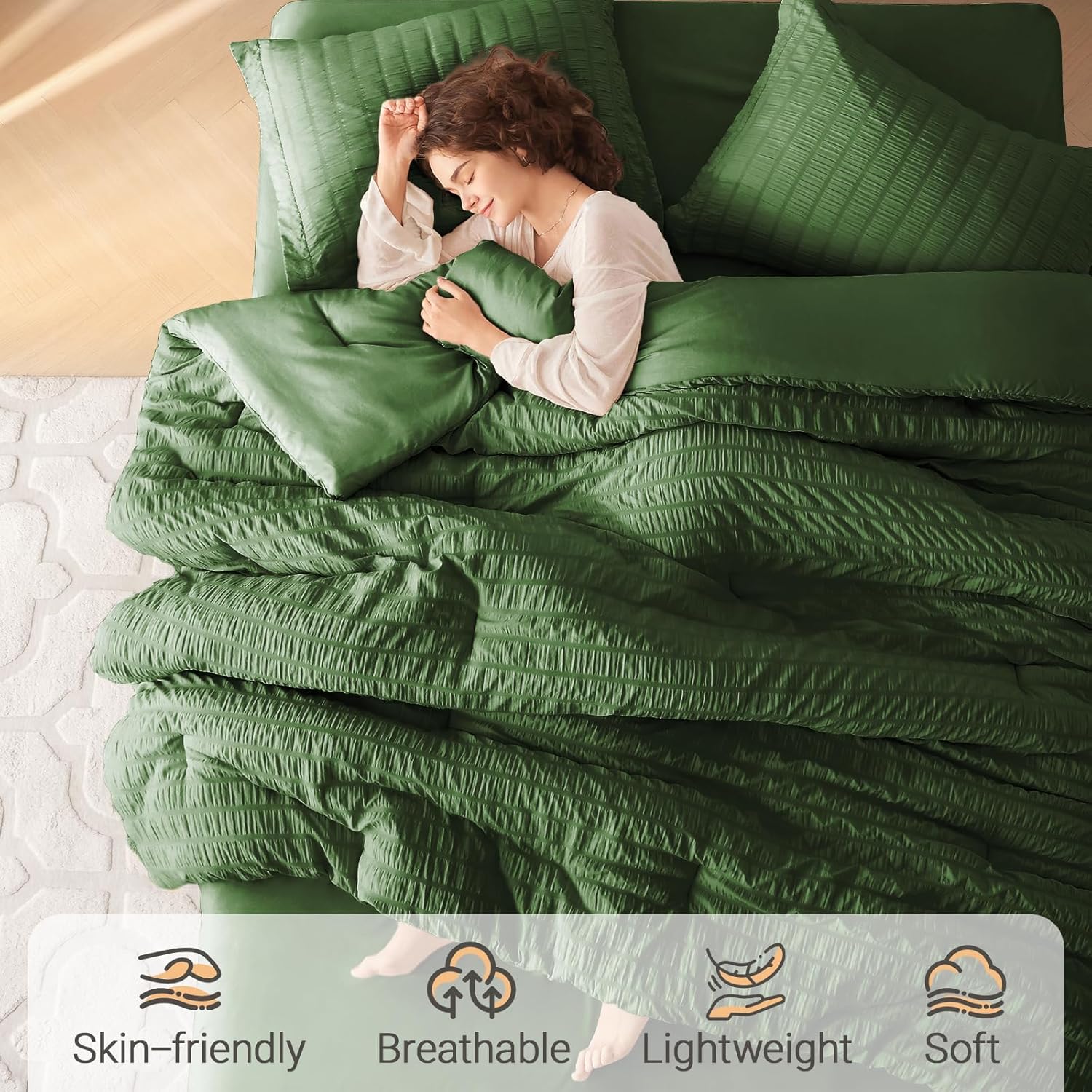 muxhomo 7 pieces queen comforter set, seersucker bed in a bag queen size, all season luxury bedding set with comforter, flat sheet, fitted sheet, pillowcases & shams, dark green queen (88"x88") dark green