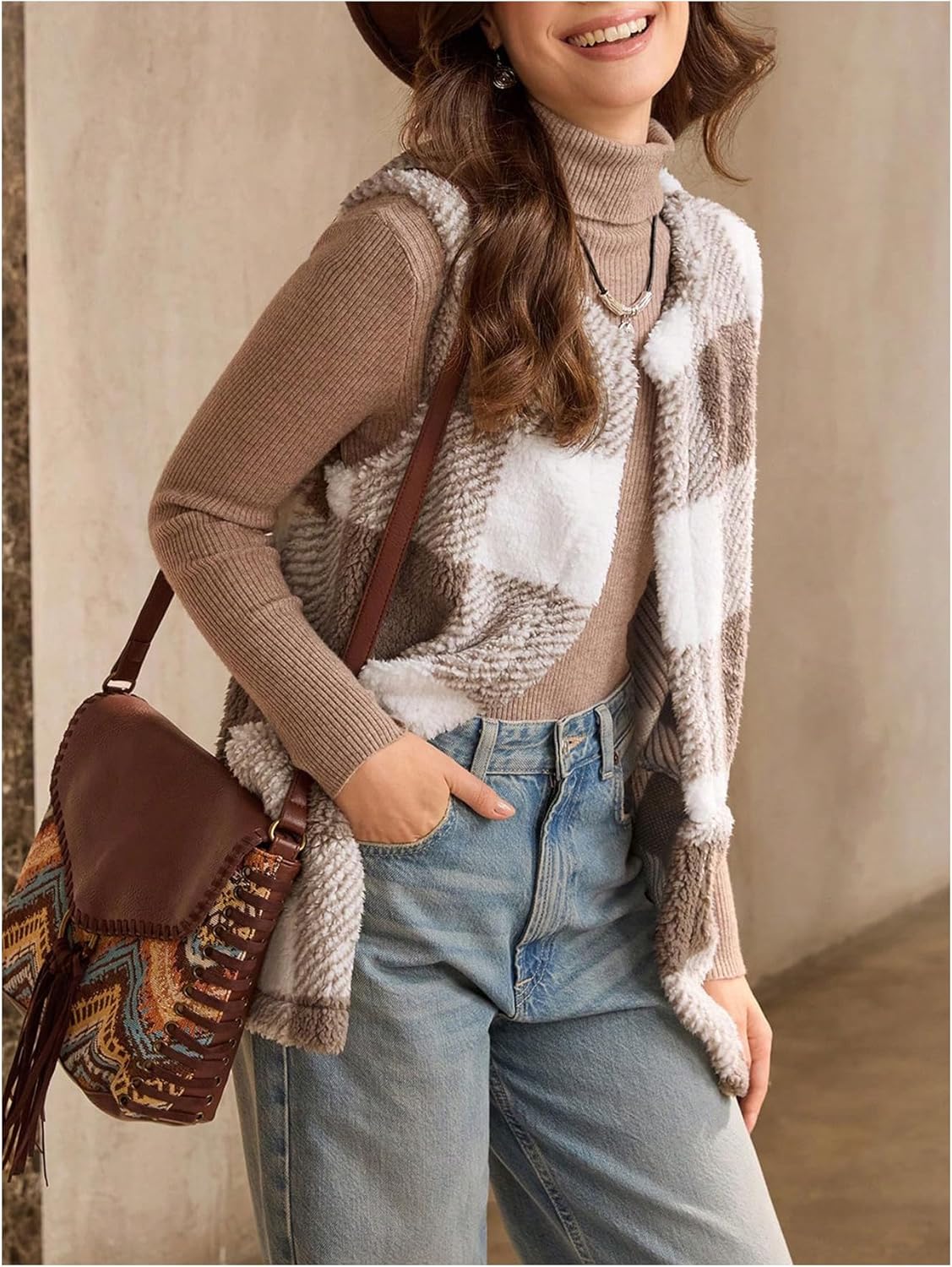 Verdusa Women's Gingham Plaid Teddy Jacket Furry Fuzzy Vest Sleeveless Winter Coats with Pockets - Image 3