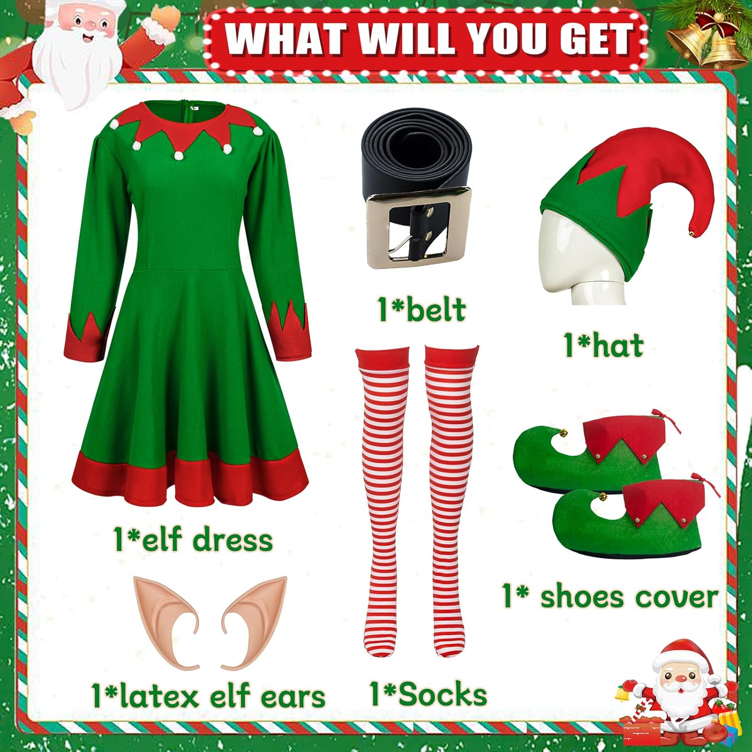 Elves Costume for Women,Womens Christmas Costumes with Dress Hat Ears Belt Shoes Cover and Socks
