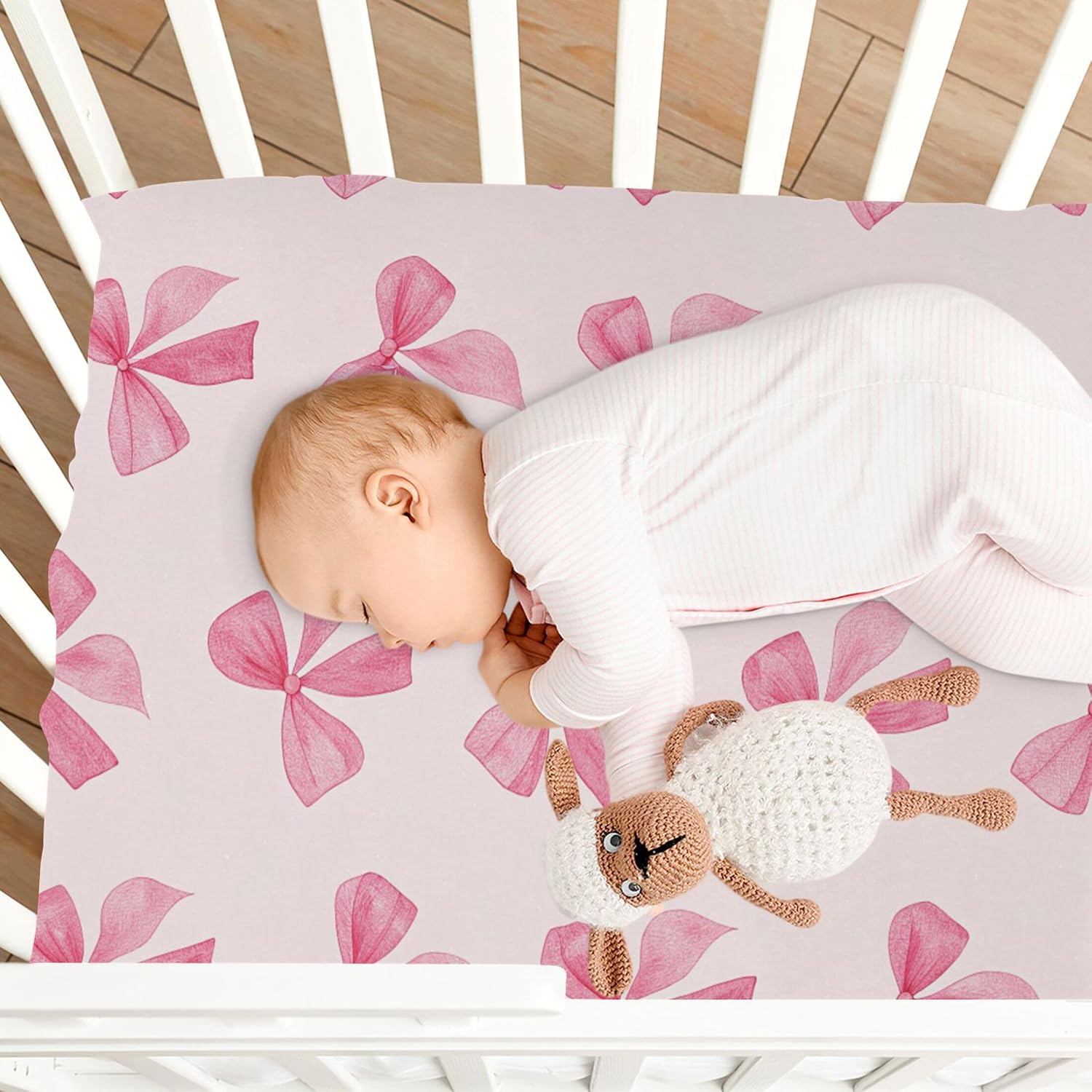 Burbuja Pink Bow Crib Sheet for Boys Girls, Fitted Crib Sheet 28 x 52 in for Standard Crib & Toddler Bed Mattresses, Soft & Breathable