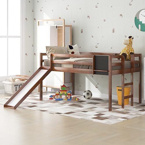 Miniatura 10 de Cama alta individual con tobogán, cama alta de madera de perfil bajo para niños y niñas, escalera integrada y riel de protección, no necesita somier