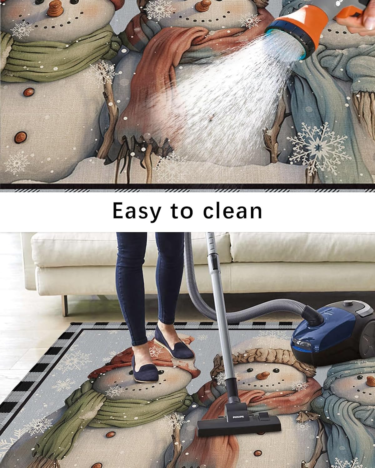 Outdoor Rug, Christmas Snowman Snowflake Scarf Winter Blue and Black Plaid Absorbant Non-Slip Area Rugs Mat Carpet for Patio Balcony Porch Backyard Deck Rv Camping 6x9 ft