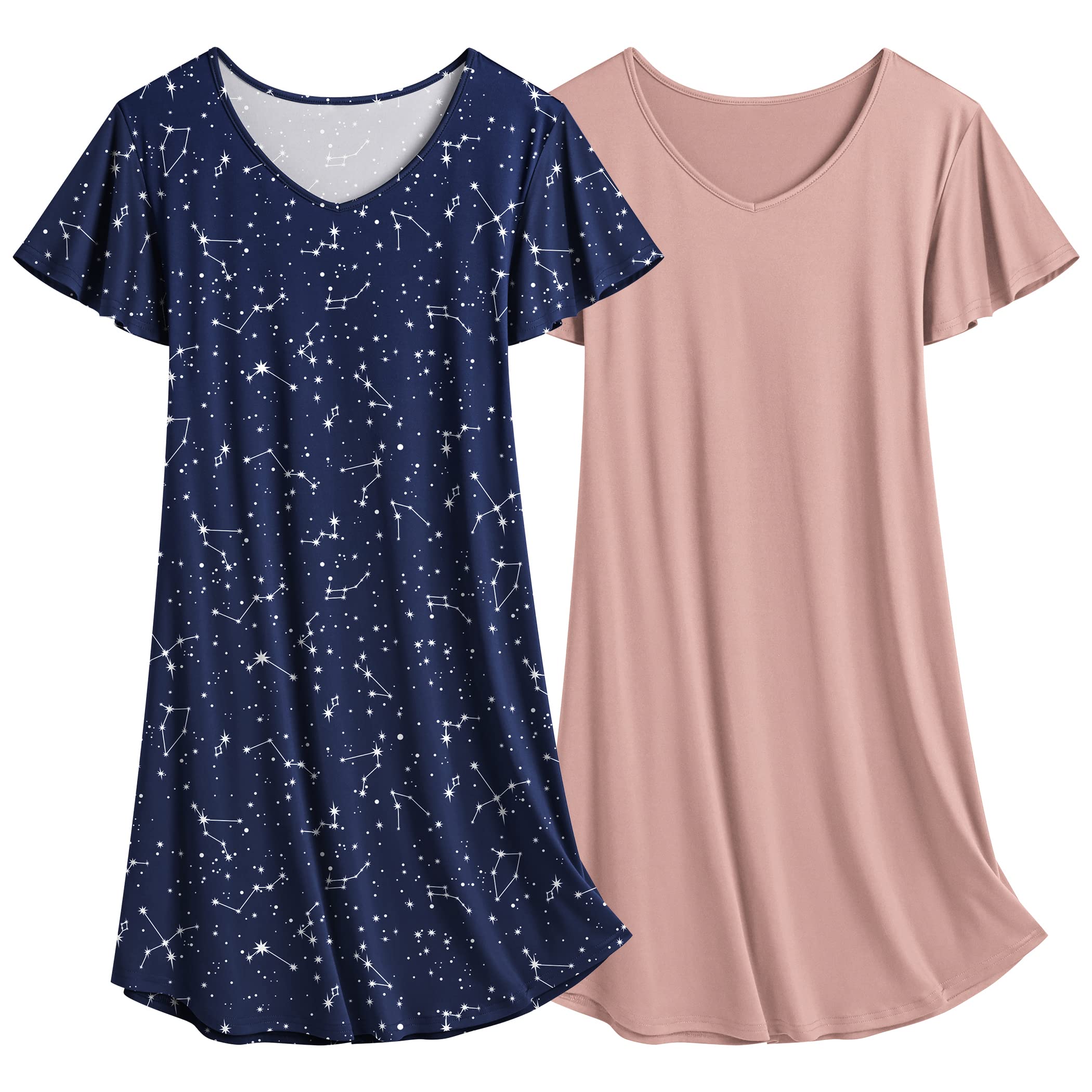 Ekouaer 2 Pack Nightgown for Women Flare Short Sleeve Sleep Shirt Soft Sleepwear Nightshirt S-2XL
