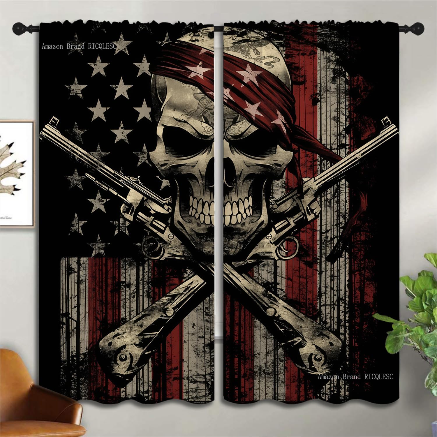 American Flag Skull Boy Girls Blackout Curtains,Independence Day Gothic Pirate Crossbones Vintage, 2 Panel Rod Pocket Thermal Insulated Drapes for Bedroom Living Kids Room Deco 42x63 inch
