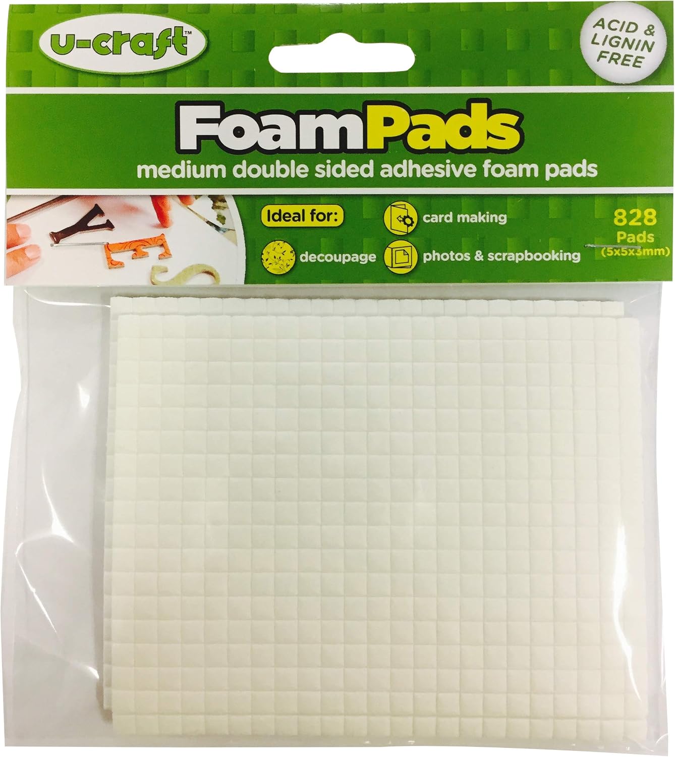 KLEBESHOP24 U-Craft 3D Adhesive Pads 5x5x3mm (Pack of 828), Grün, 828 Stück