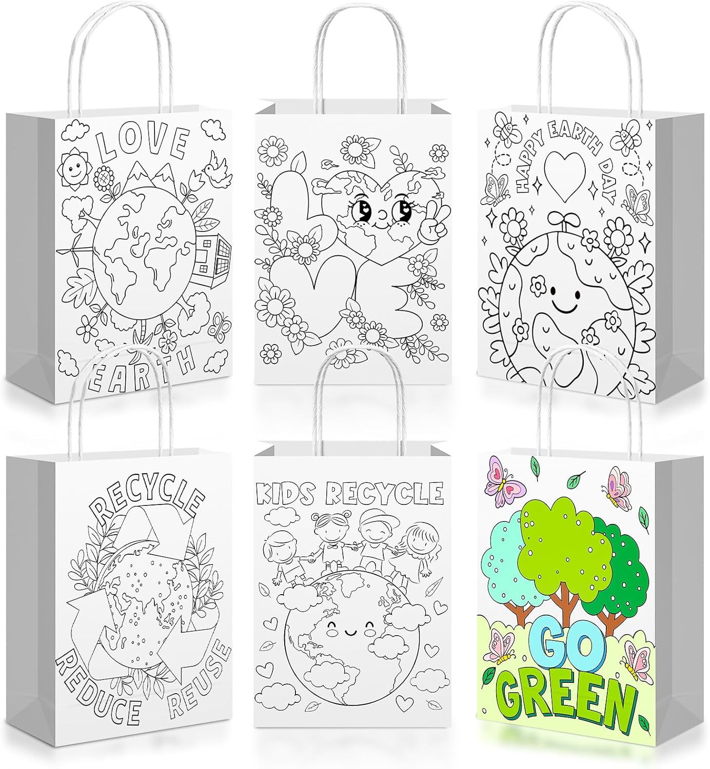 Saypacck 24 Pcs Color Your Own Earth Day Bags Reusable Earth Day Coloring Goodies Gift Bags Recycle Reuse Love Earth Kraft Paper Tote Candy Bags Green Earth Bags for Earth Day Party Supplies