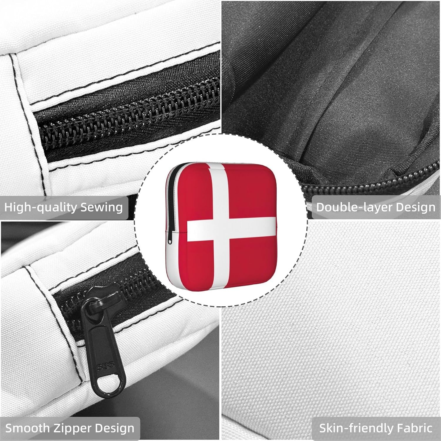 Danish Flag Print Women Period Bag Sanitary Pouch Portable Pad Pouch Tampon Holder Small Zipper Pouch Storage Bag