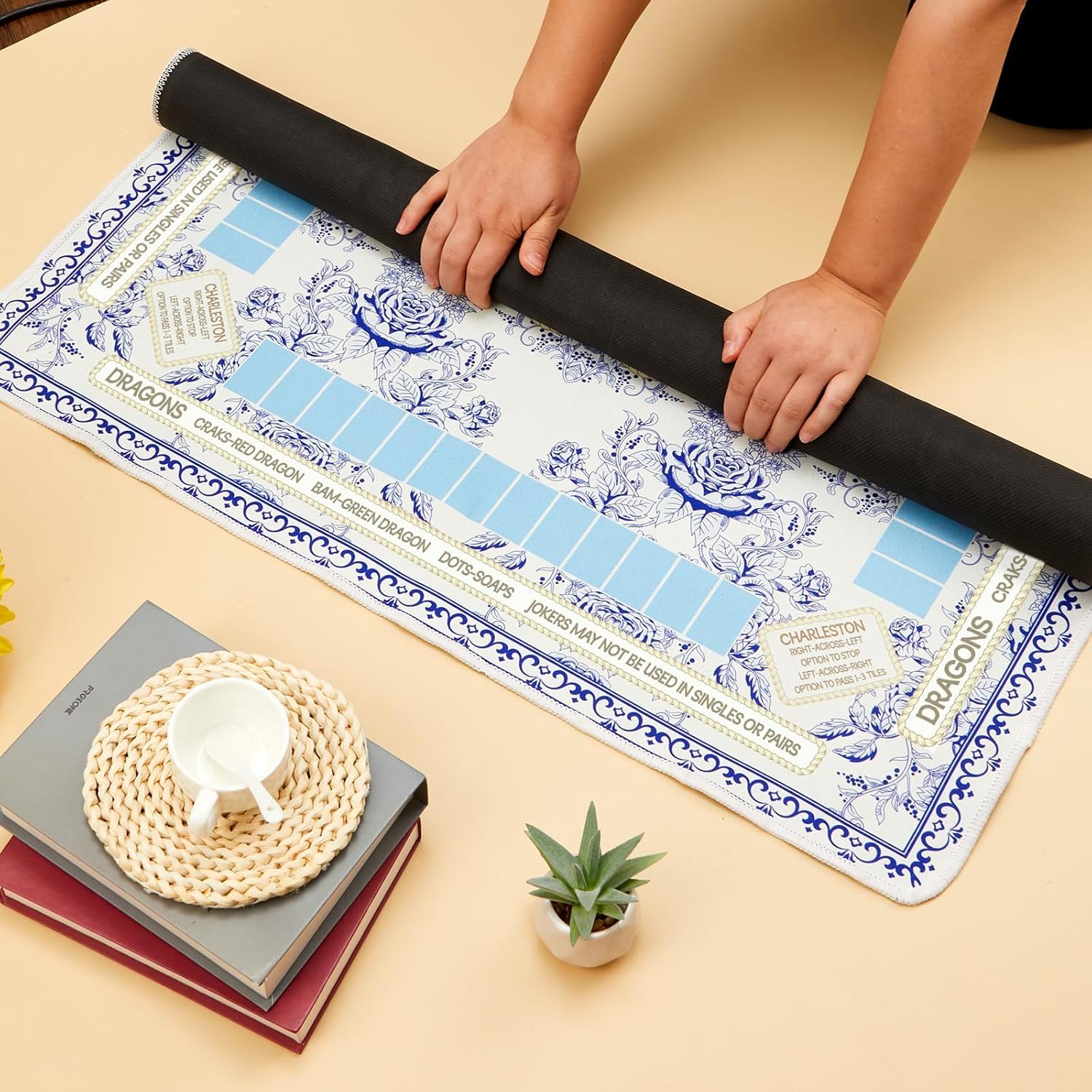 Chinoiserie Mahjong Mat with Black Carrying Bag 31.5 x 31.5 Inches Multi Purpose Game Table Cover Anti Slip and Noise Reduction for Mahjong Poker Board Card Dominoes Games(Blue)